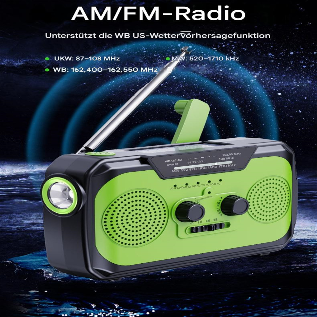 Grünes und schwarzes AM/FM-Radio mit Antenne und Drehknöpfen. Verfügt über WB US-Wetteralarmfunktion.