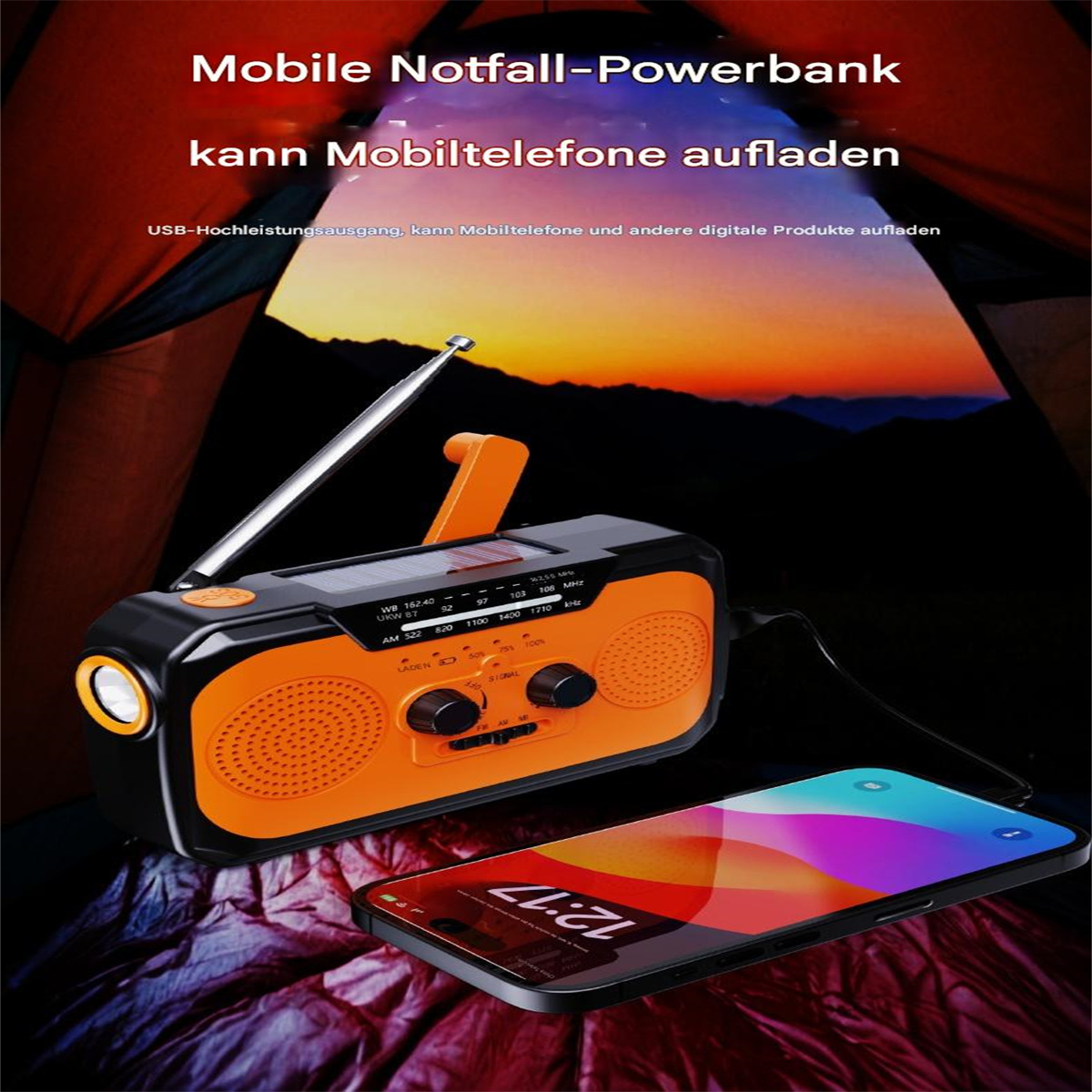 Schwarz-oranges Radio mit Antenne und ladendem Telefon auf Sonnenuntergangshintergrund.