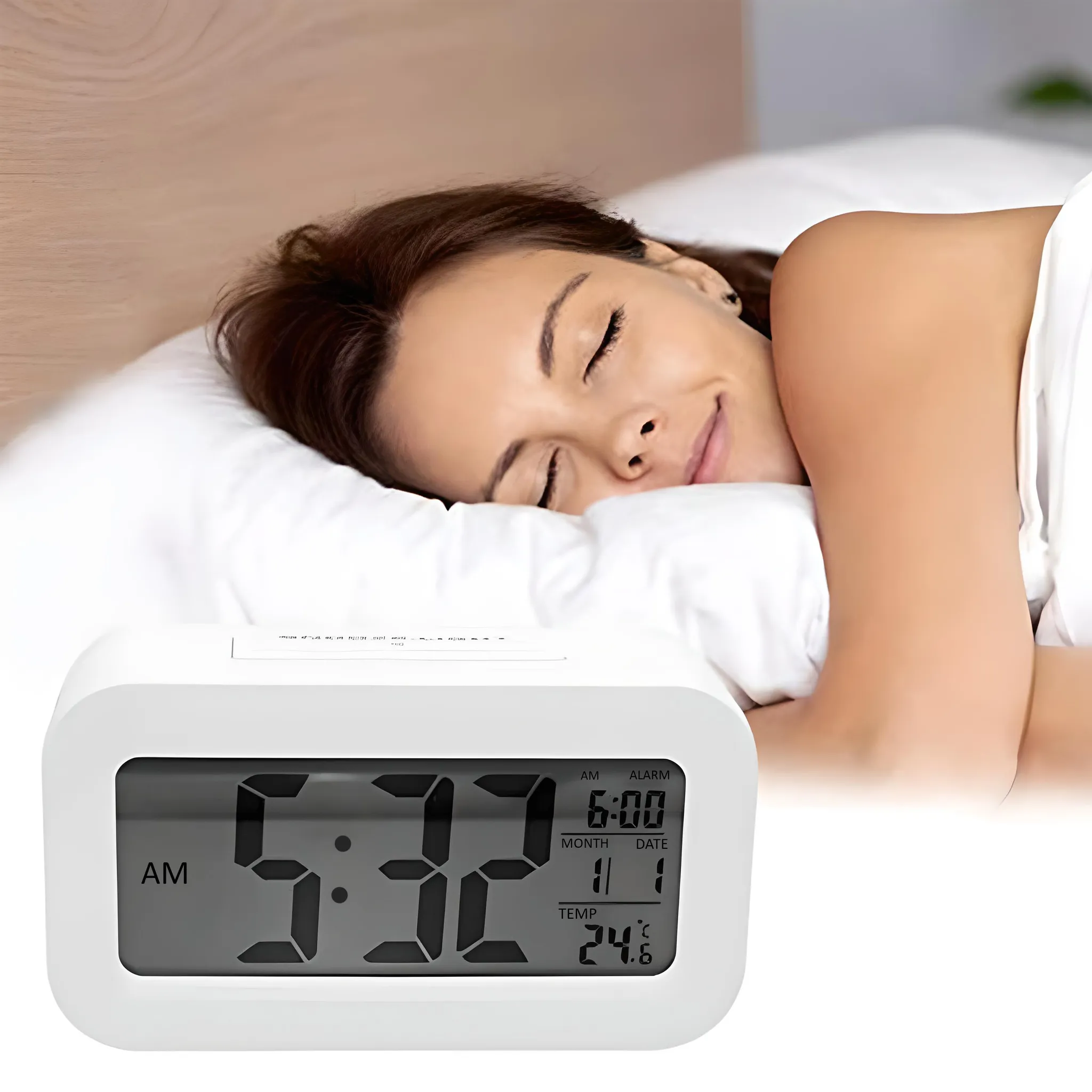 Ein weißer digitaler Wecker neben einer schlafenden Frau im Bett.