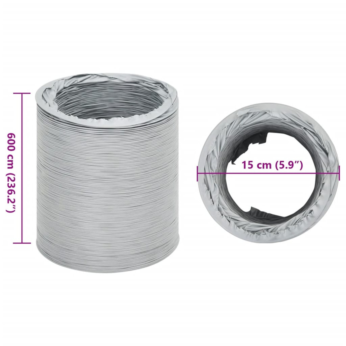 Ein grauer Lüftungskanal, aufgerollt und gemessen. Er ist 600 cm lang und hat einen Durchmesser von 15 cm.