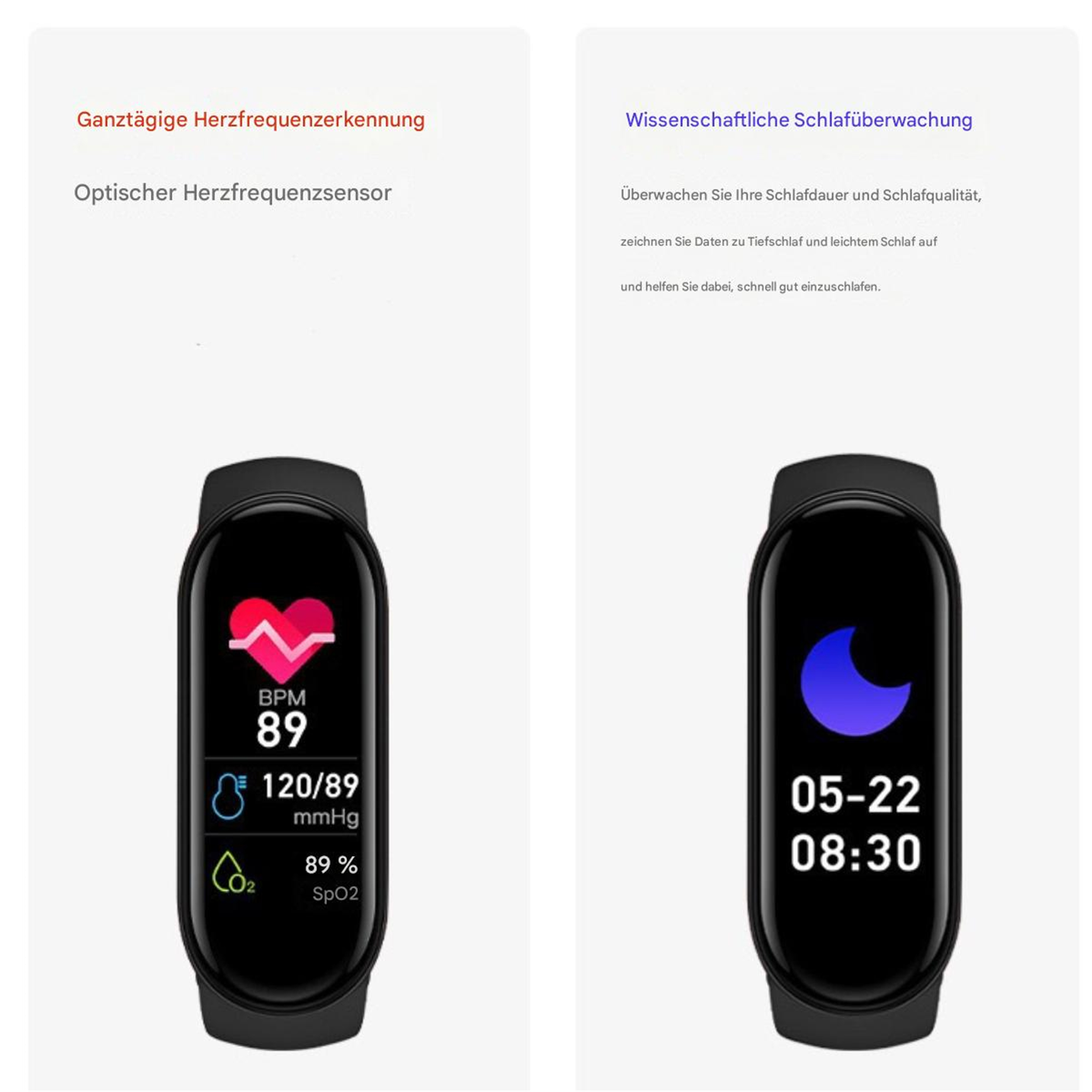Zwei Smartwatches zeigen Gesundheitsdaten. Eine zeigt Herzfrequenz, Blutdruck und Sauerstoffgehalt.