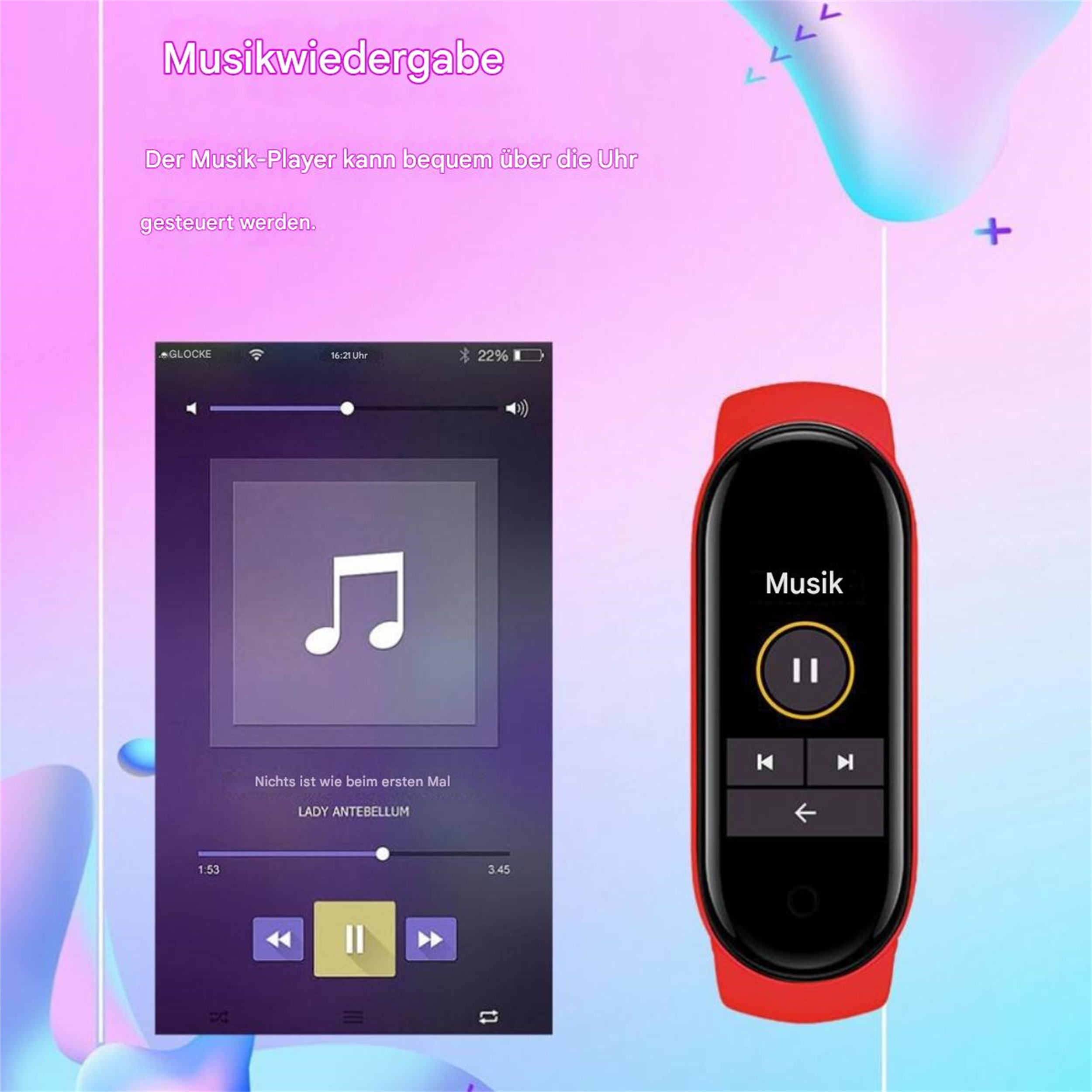 Smartwatch-Bildschirm mit Musiksteuerung, mit roter Uhr. Hintergrund: lila Farbverlauf und Text.