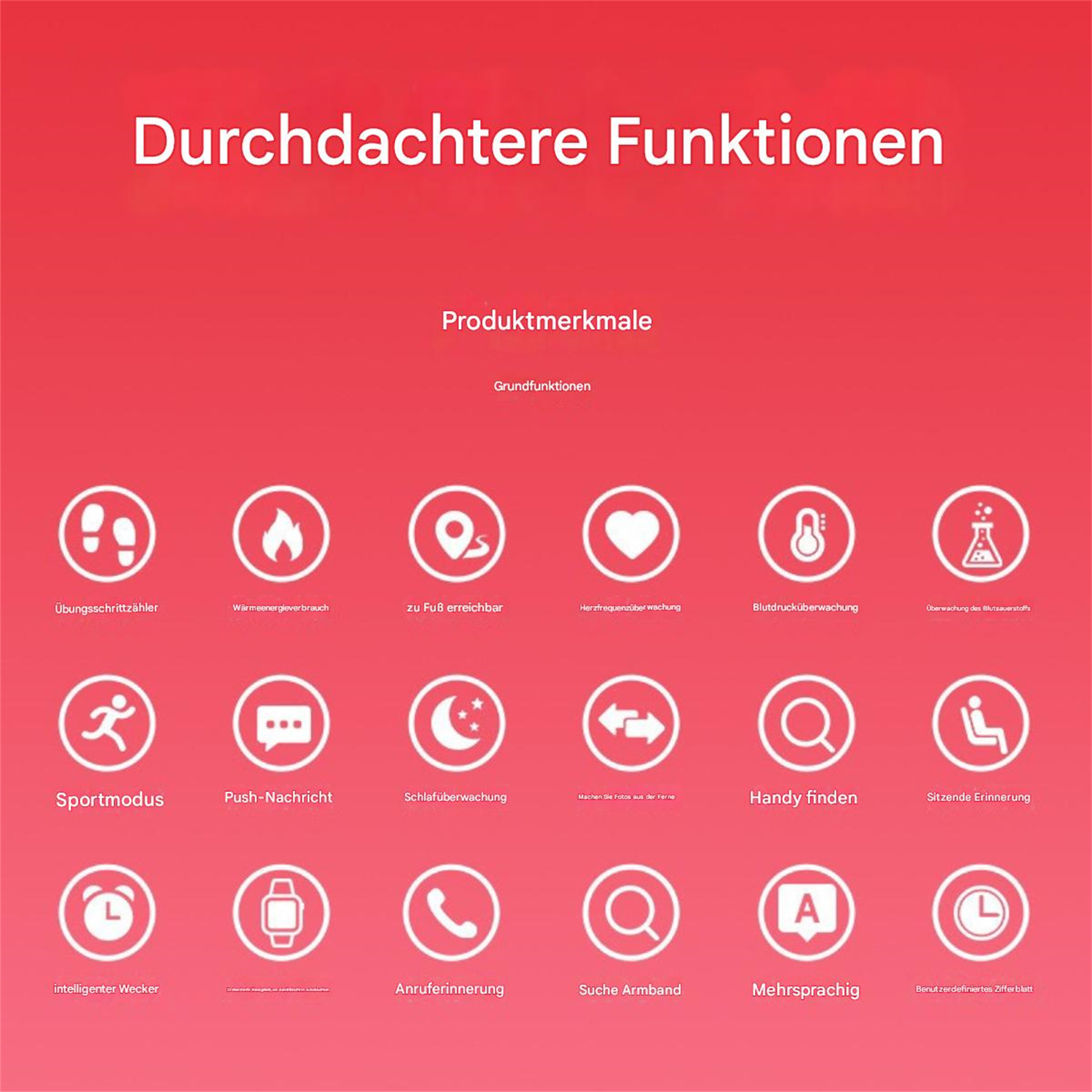 Ein roter Hintergrund mit Symbolen, die Smartwatch-Funktionen beschreiben, und deutschem Text.