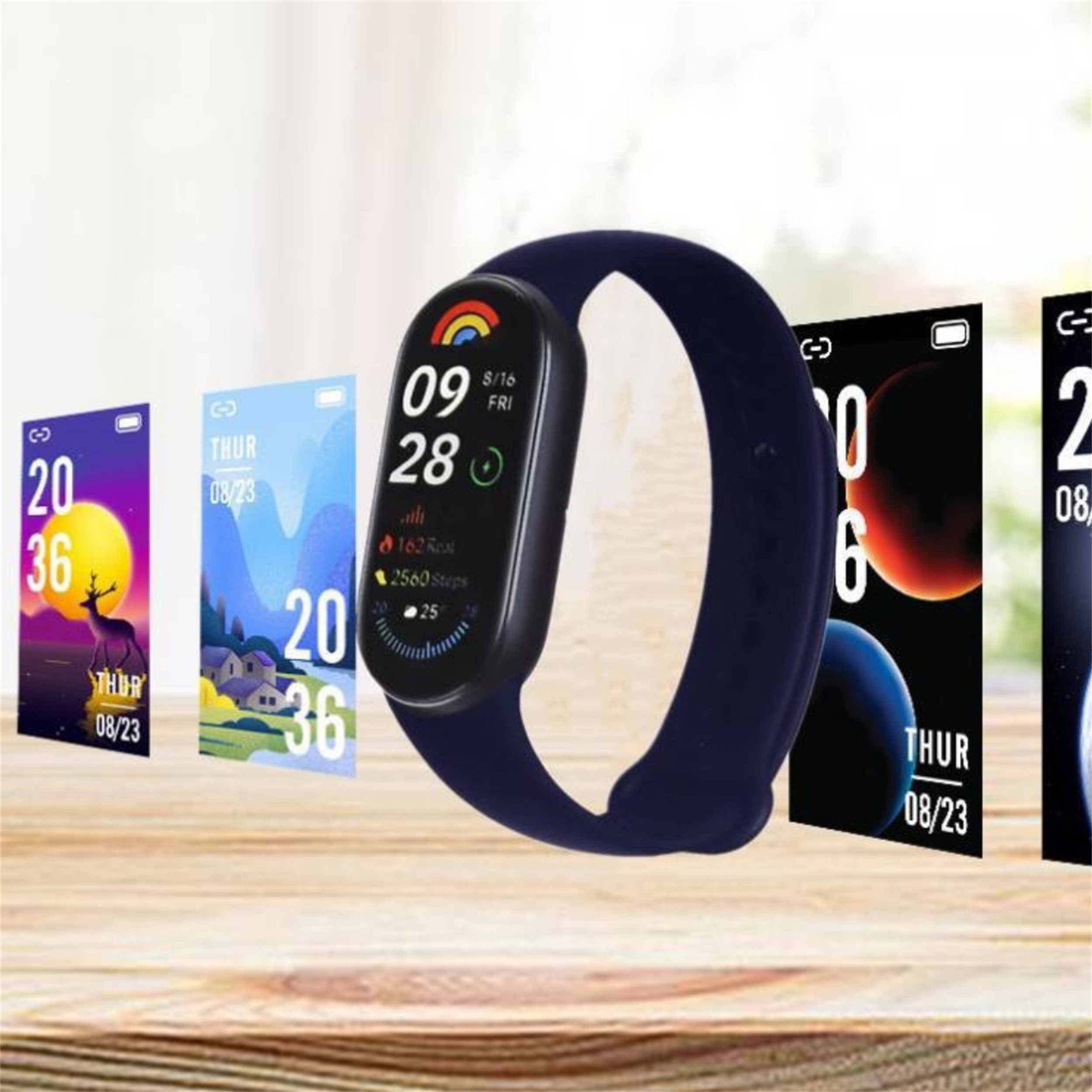 Fitness-Tracker mit verschiedenen Bildschirmen, die Zeit- und Aktivitätsdaten anzeigen.