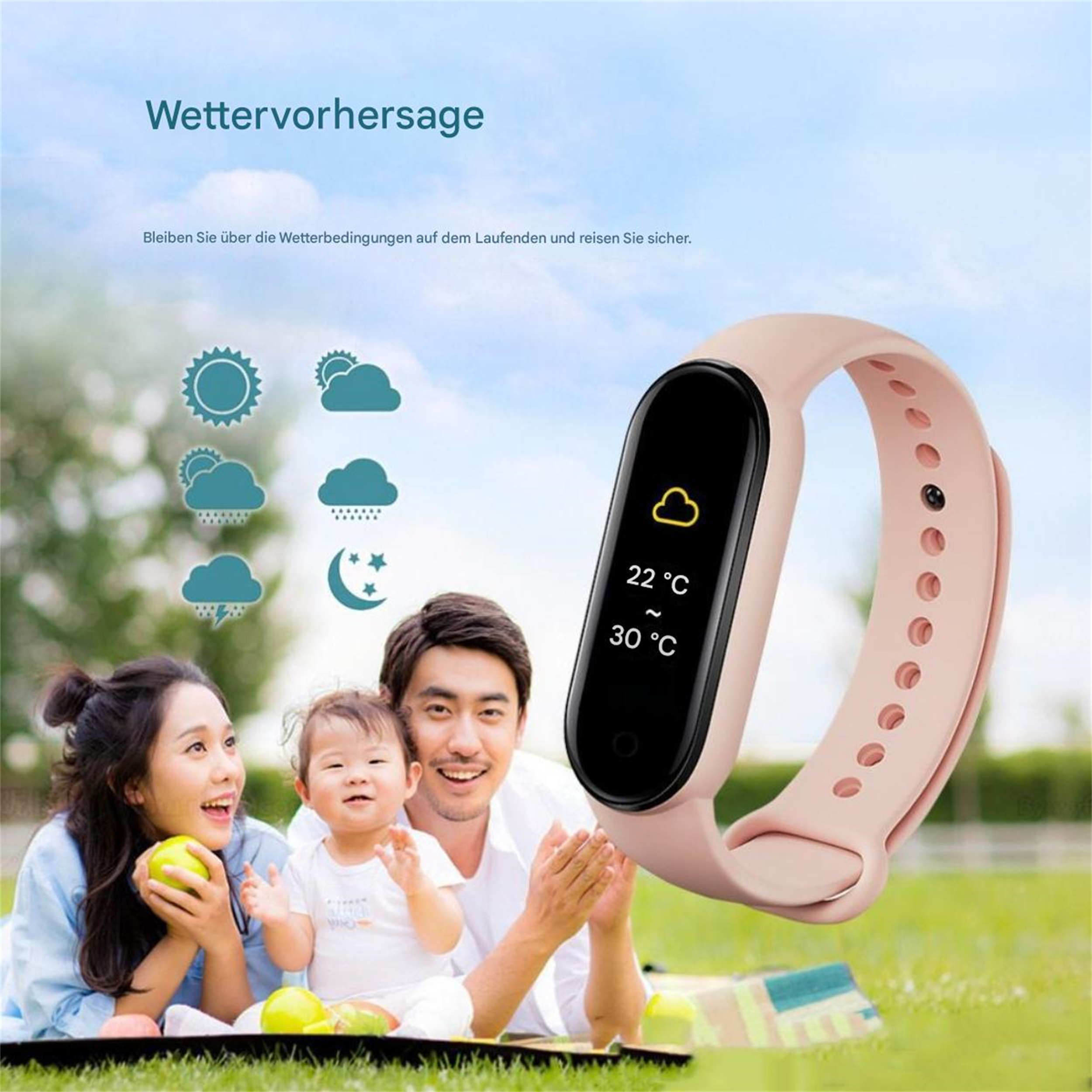 Familie auf Gras, Smartwatch zeigt Wettervorhersage. Pinke Uhr rechts.