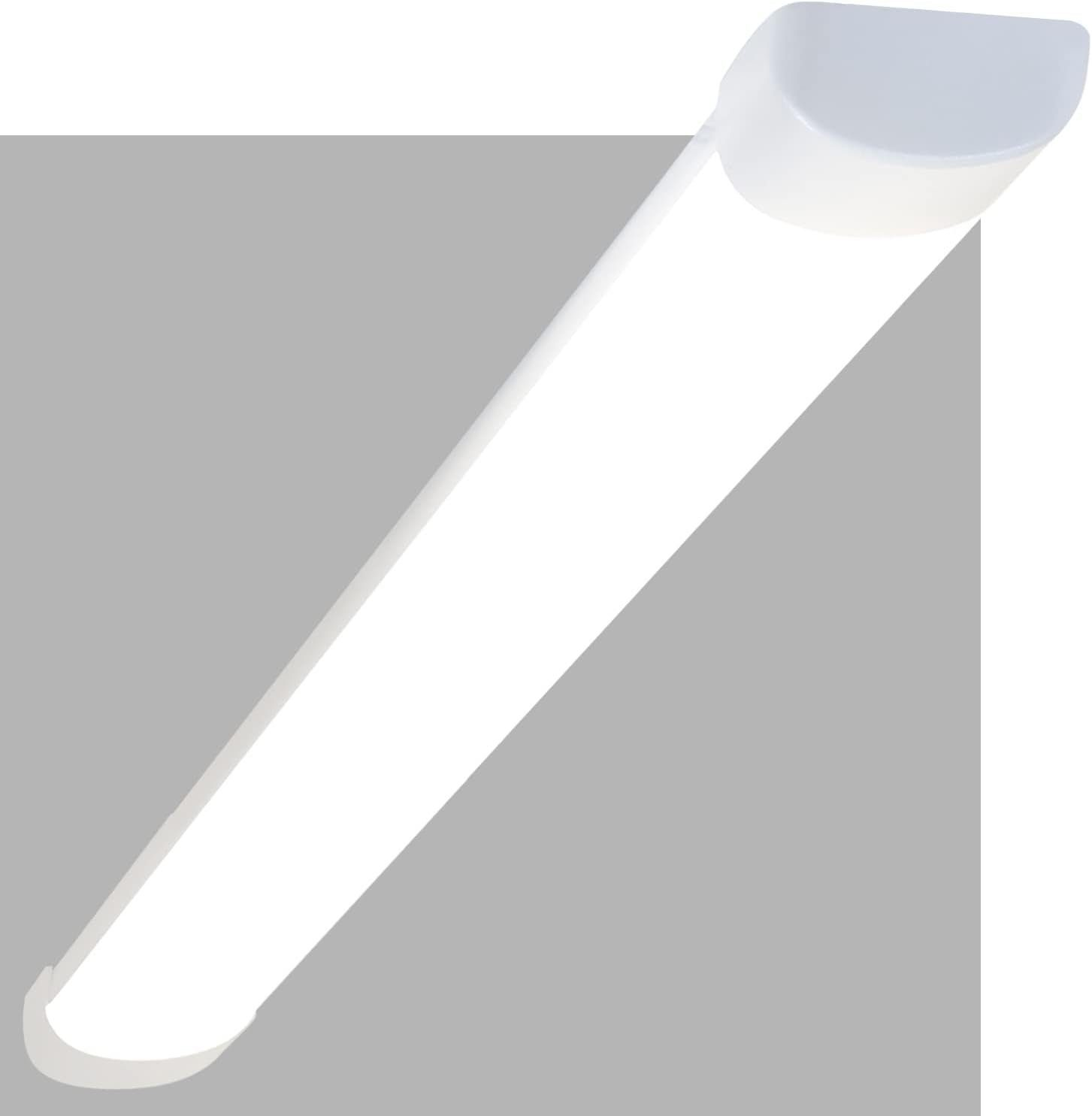 Apparecchio di illuminazione a LED bianco, rettangolare, angolato su sfondo grigio, emettendo luce intensa.