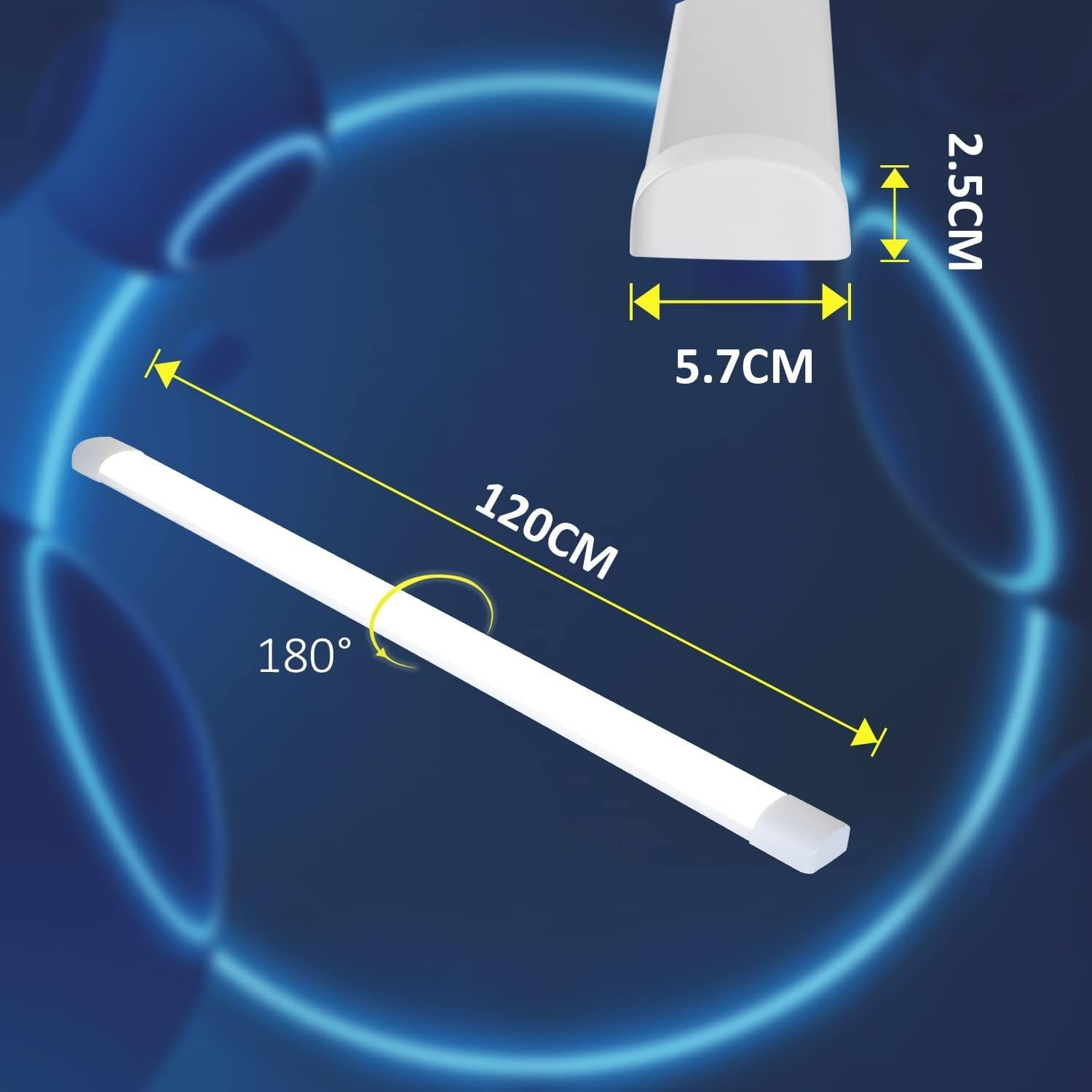 Barra luminosa a LED lunga, bianca, lunga 120 cm, con dimensioni e angolo di 180 gradi su sfondo blu.