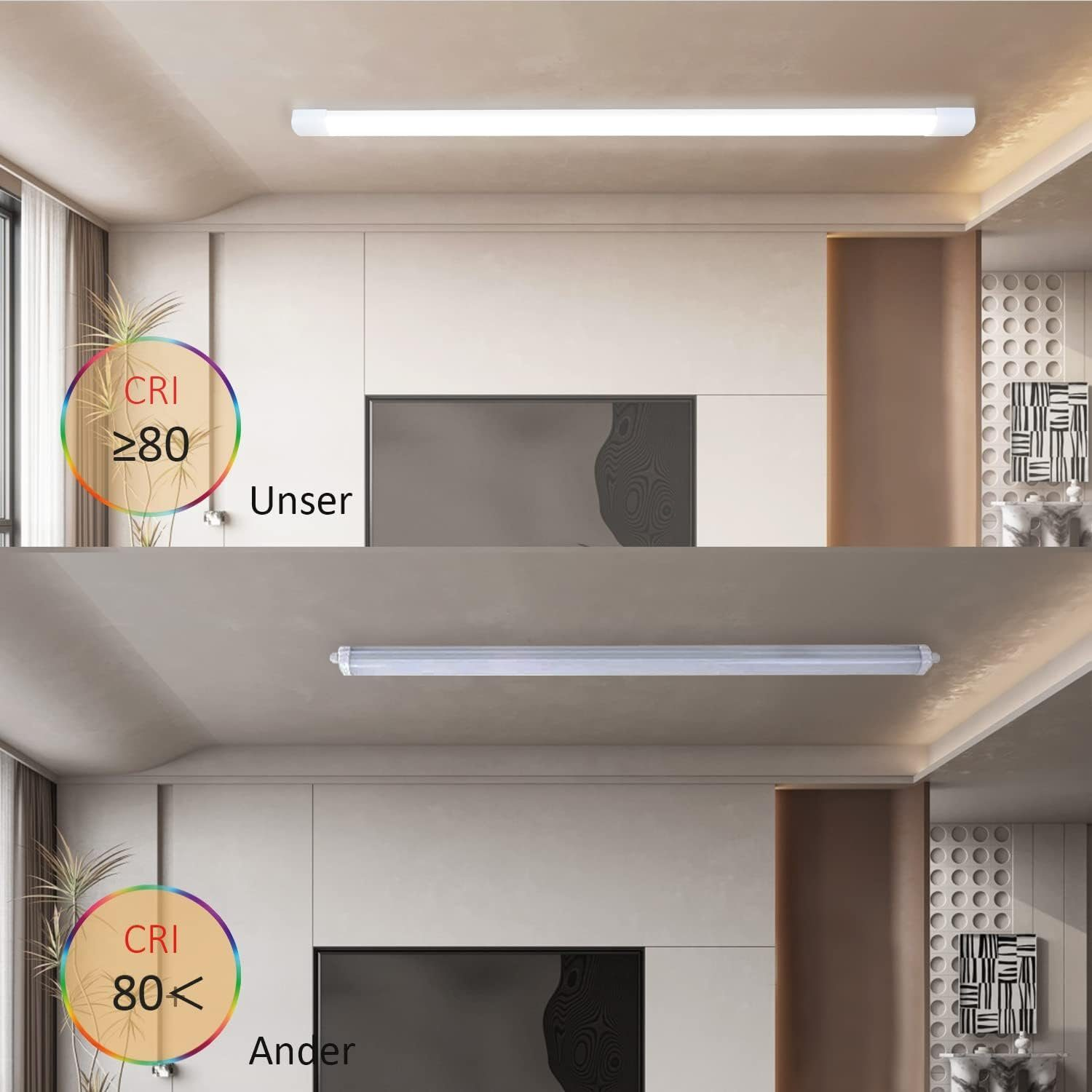 Due plafoniere. Uno ha CRI ≥80, e l'altro ha CRI 80<lt/>. Entrambi sono montati a soffitto.
