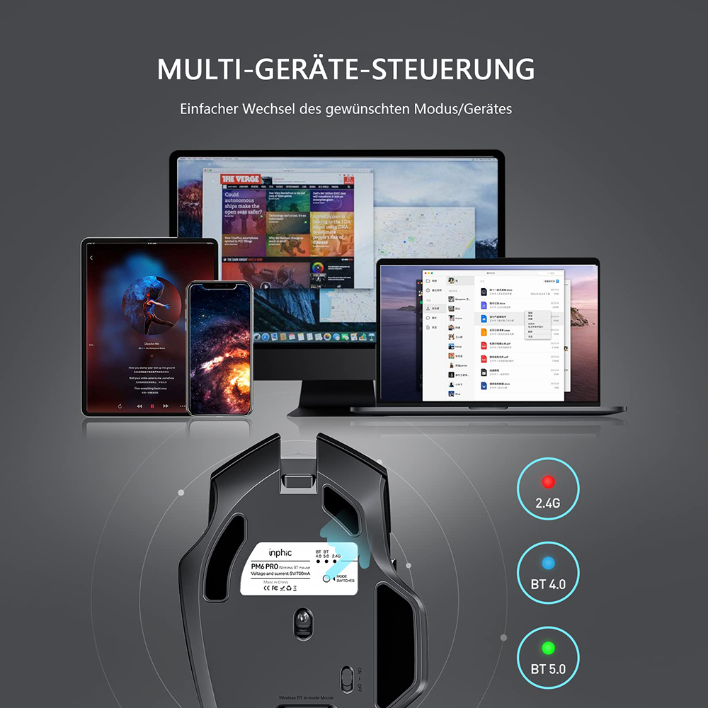 Grafik zur Multi-Geräte-Steuerung mit Maus, Telefon, Tablet und Laptop. Rote, blaue und grüne Knöpfe.