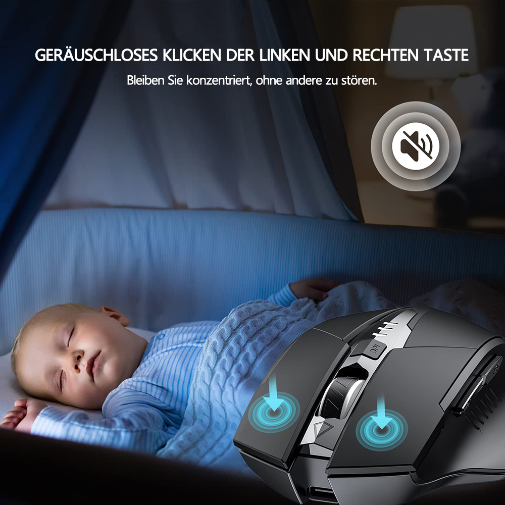 Baby schläft neben einer schwarzen Maus. Maus hat zwei blaue Pfeile und ein Stumm-Symbol.