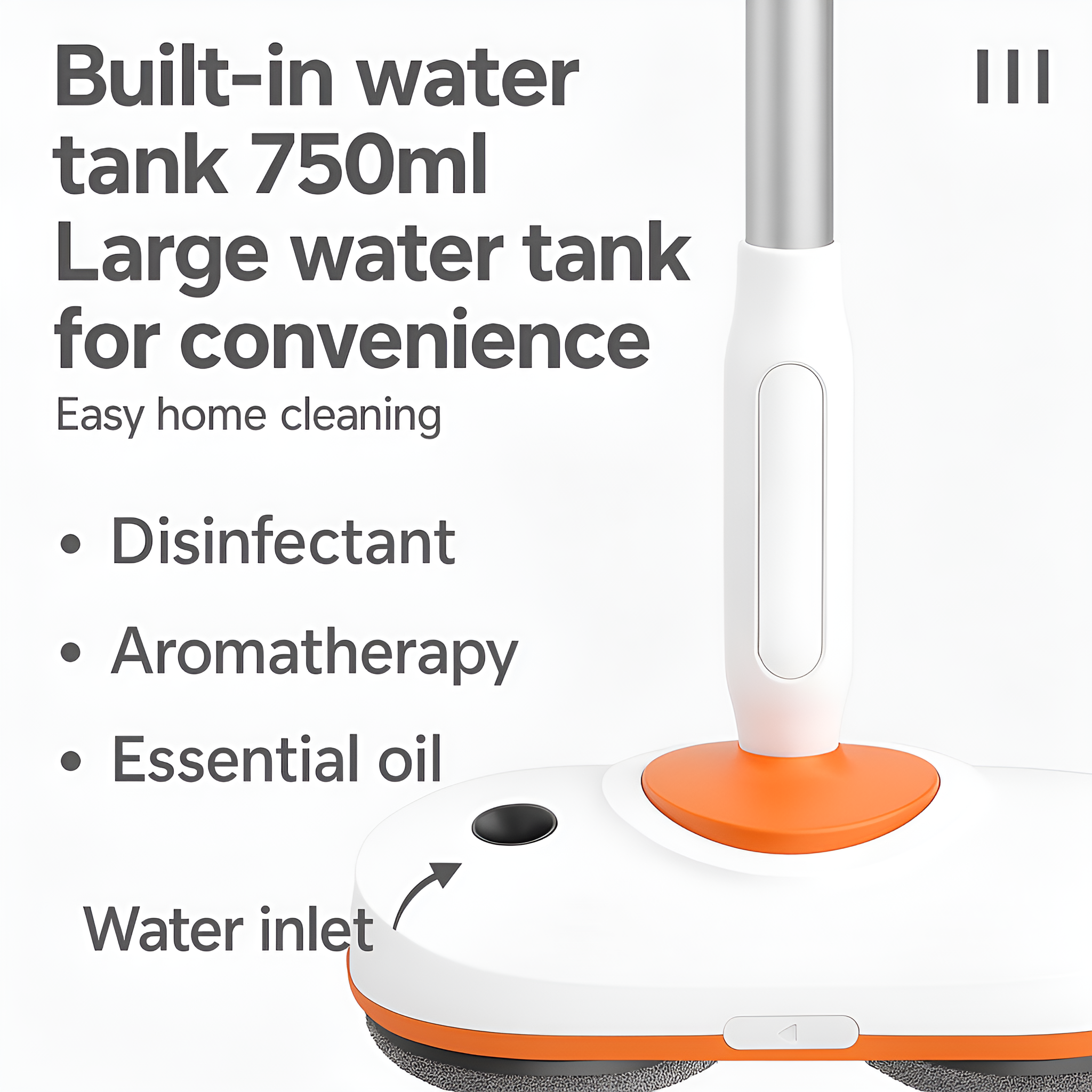 Weiß-orangener Mopp mit Text über Wassertank und Reinigungsoptionen.