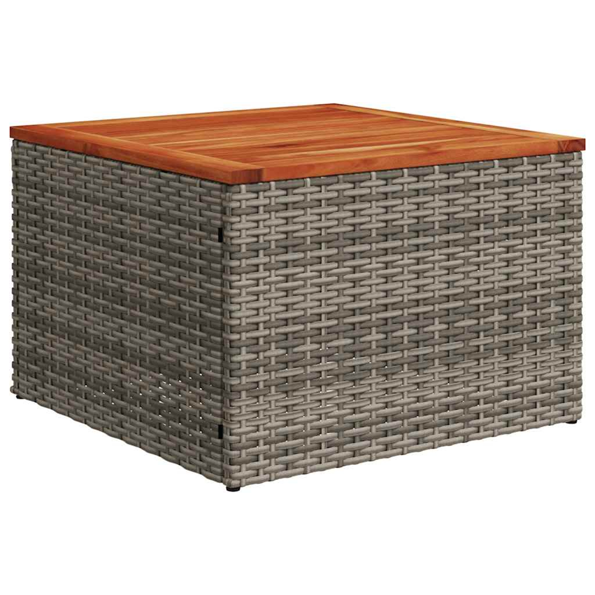 Ein quadratischer, gewebter, grauer Couchtisch mit Holzplatte.