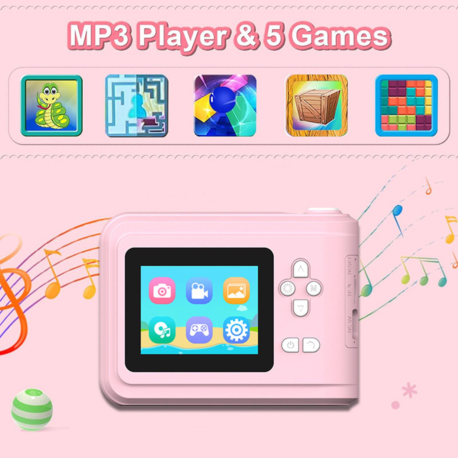 Ein rosa MP3-Player mit Bildschirm und Spielsymbolen. In der Nähe befinden sich Noten und ein grün gestreifter Ball.