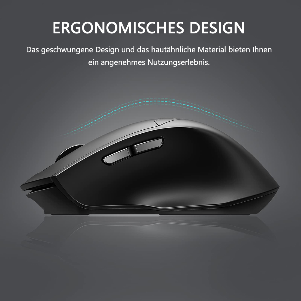Schwarze Computermaus, ergonomisches Design, Text auf Deutsch. Liegt auf dunkler grauer Oberfläche.