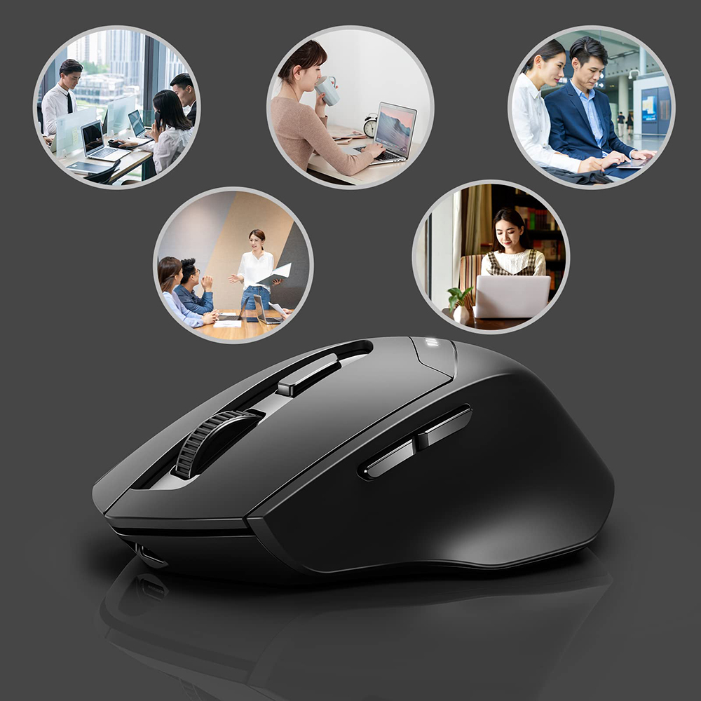 Eine schwarze kabellose Maus, umgeben von Bildern von Personen, die Laptops benutzen.