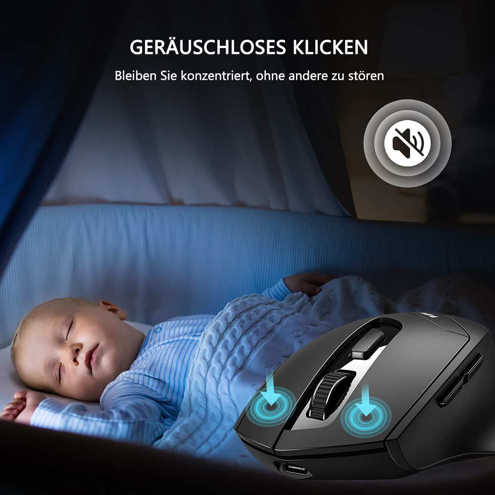 Ein schlafendes Baby neben einer schwarzen Maus mit Pfeilen, die das leise Klicken anzeigen.