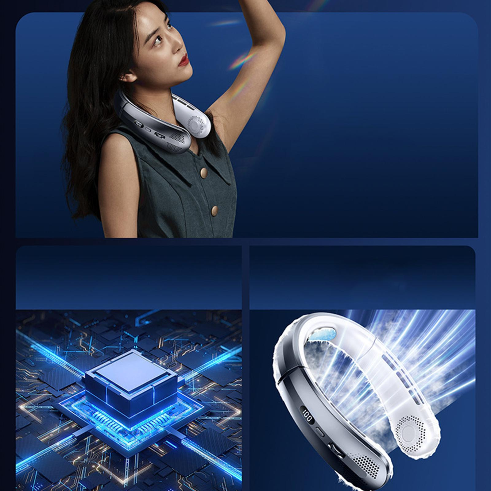 Frau mit Nackenventilator. Tech-Diagramm unten. Text: 100, blaue Energie.