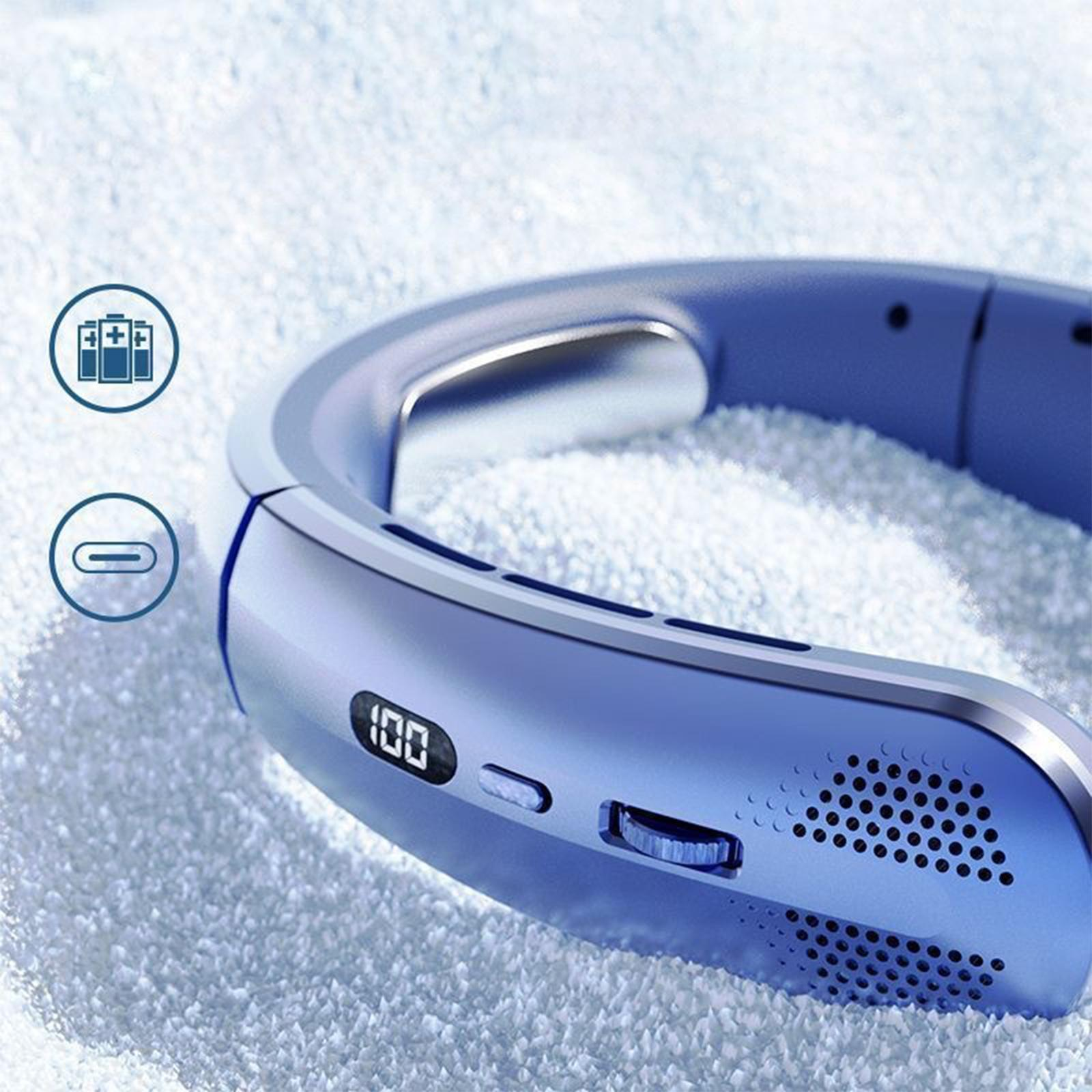 Ein hellblaues Nackenventilator mit Digitalanzeige, mit USB-C-Anschluss und Batteriesymbolen.
