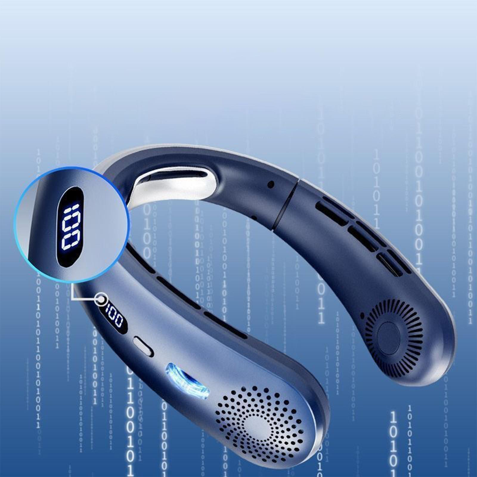 Blauer Nackenventilator mit Digitalanzeige, die die Zahl 100 zeigt, vor Technologiehintergrund.
