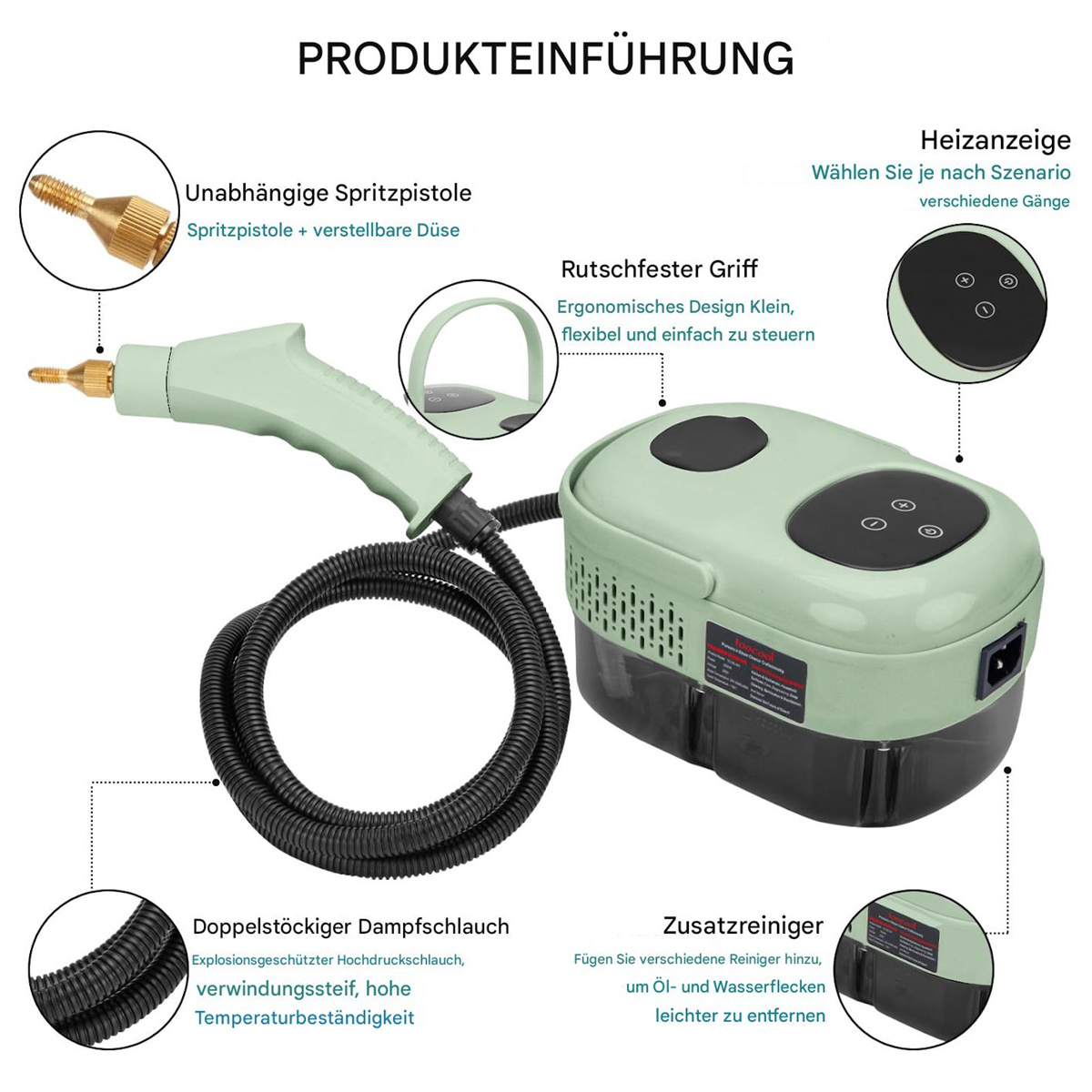 Ein grüner Dampfreiniger mit detaillierten Komponenten und Textbeschriftungen.
