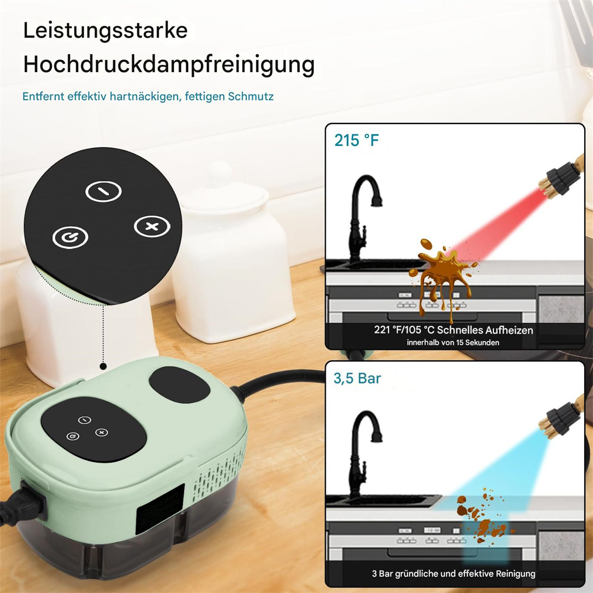 Ein Dampfreiniger mit deutscher Anleitung. Es gibt zwei Bilder, die den Reinigungsprozess zeigen.