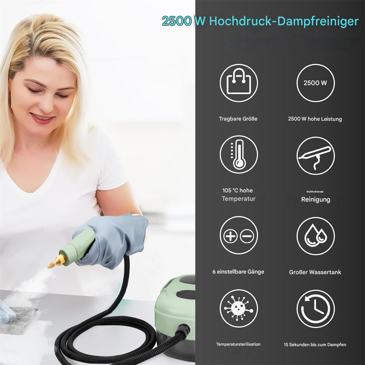 Eine Frau benutzt einen Dampfreiniger. Auf der rechten Seite befinden sich Symbole und Text. Der Hintergrund ist weiß.