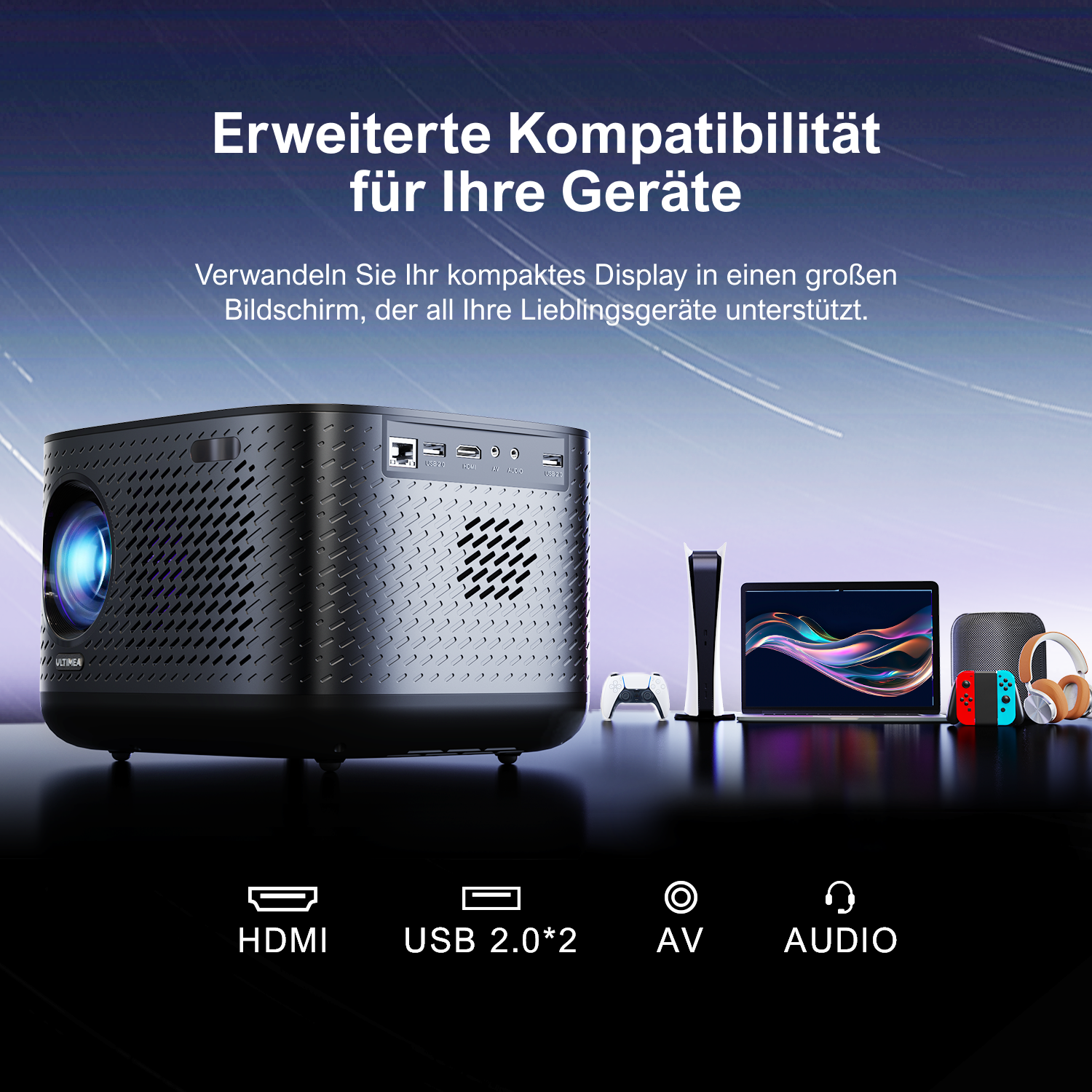 Ein schwarzer Projektor mit Anschlüssen und eine Grafik mit Zubehör wie Laptop und Spielkonsole.