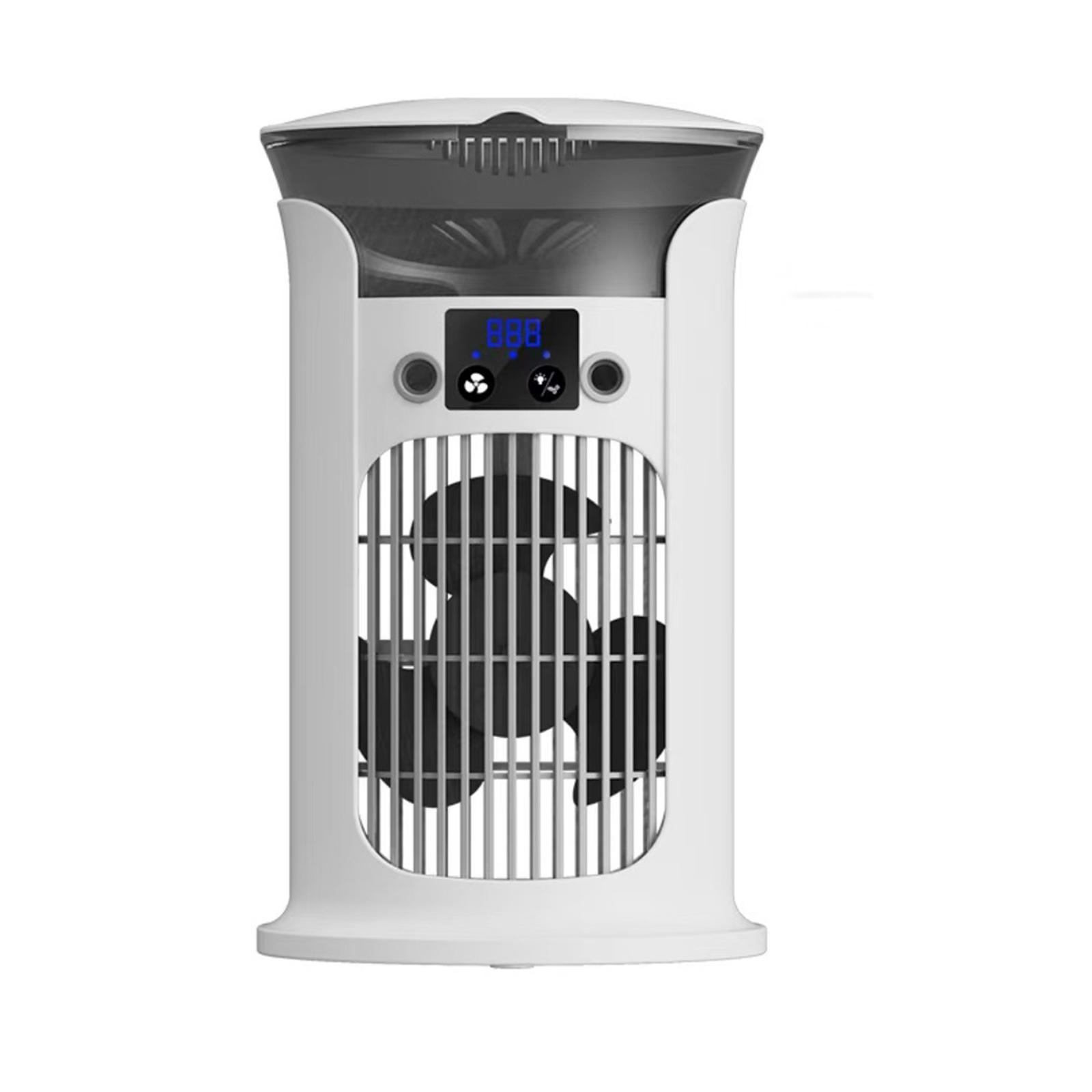 Weißer und grauer Turmventilator mit schwarzem Gitter und Digitalanzeige. Er hat einen runden Sockel und eine Oberseite.