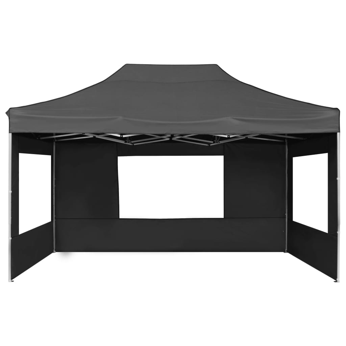 Schwarzes Pop-up-Zelt mit offenem Eingang und Seitenfenstern, weißer Hintergrund.