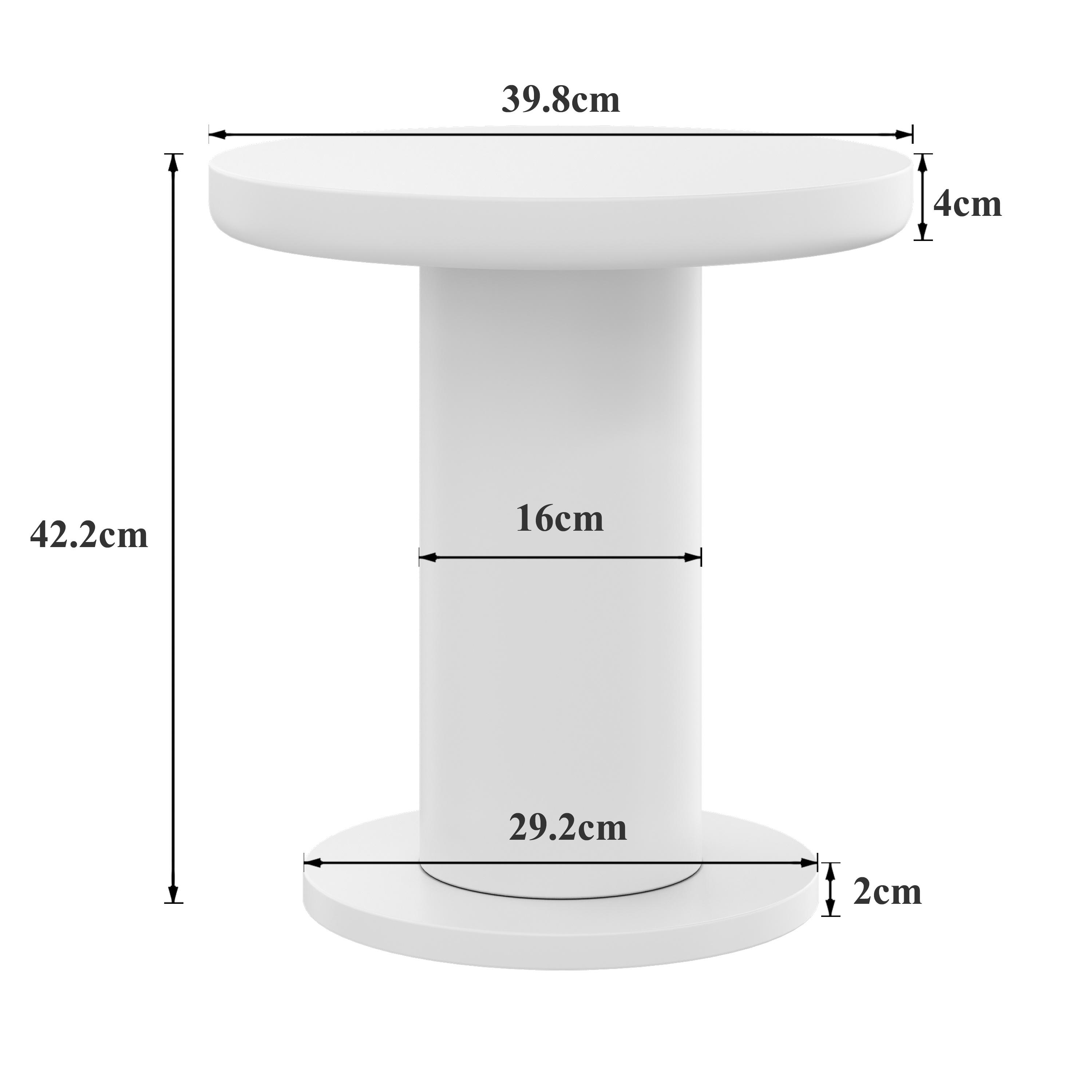 Weißer Tisch mit Abmessungen. Oberseite: 39,8 cm x 4 cm. Mitte: 16 cm. Basis: 29,2 cm x 2 cm.