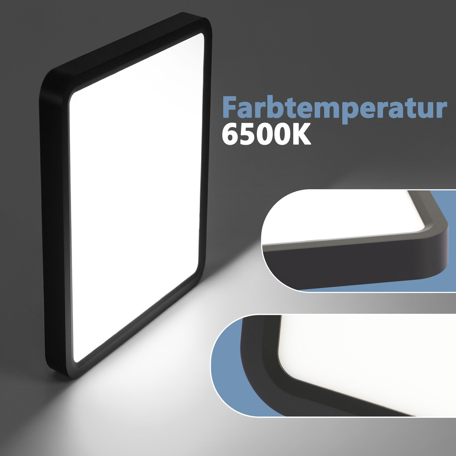 Quadratische LED-Leuchte mit schwarzem Rahmen, auf grauem Hintergrund. Text sagt: FarbTemperatur 6500K.