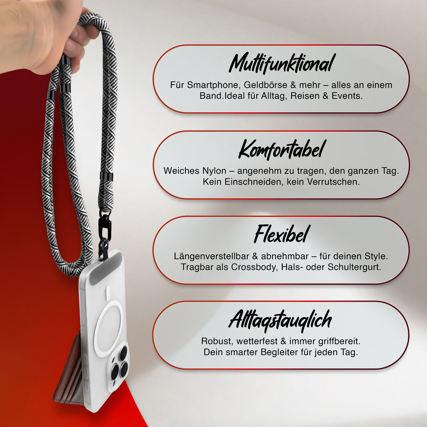 Eine Hand hält ein Smartphone mit einem Schlüsselband. Text rechts beschreibt die Eigenschaften.