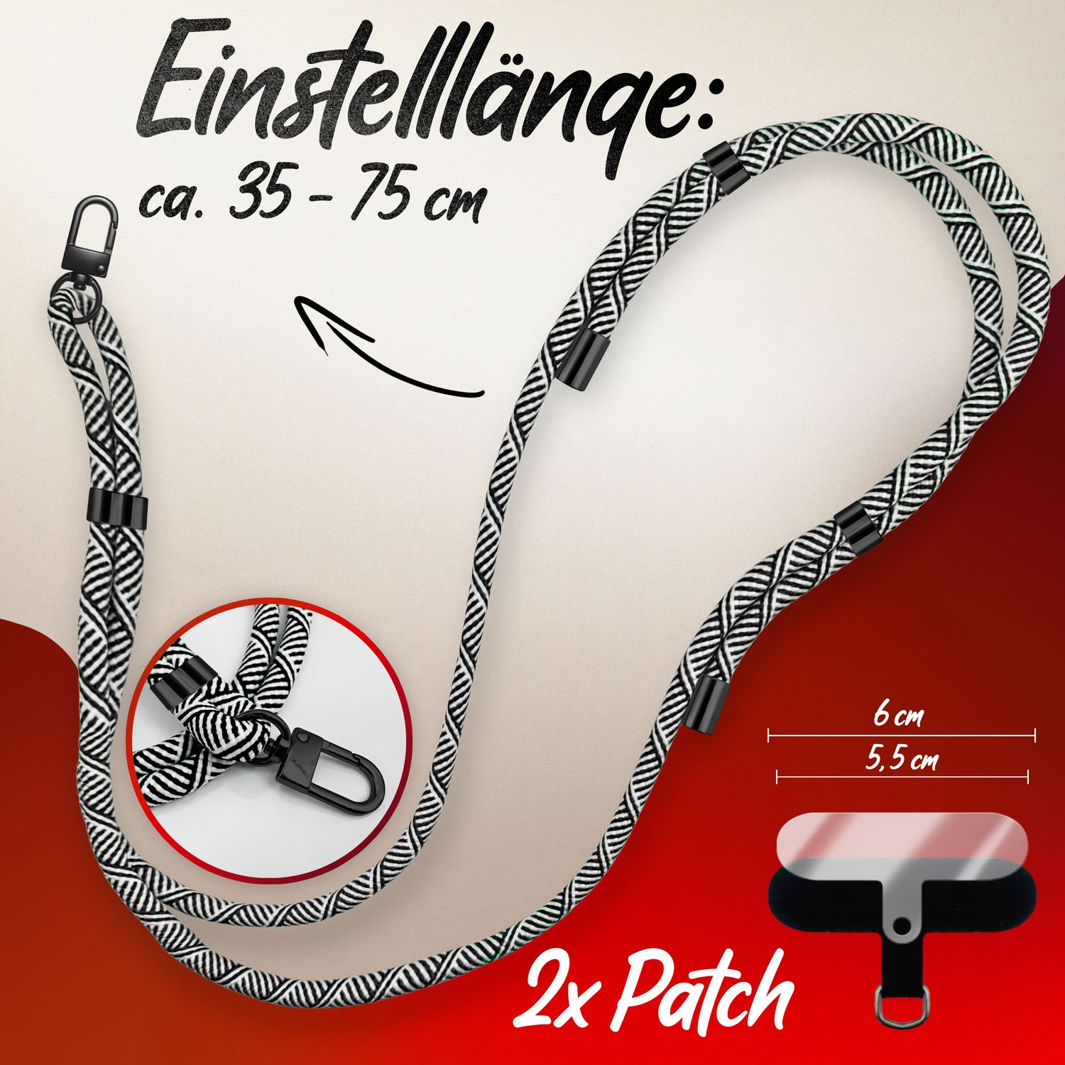 Handyband mit Text, Maßen und Diagramm.