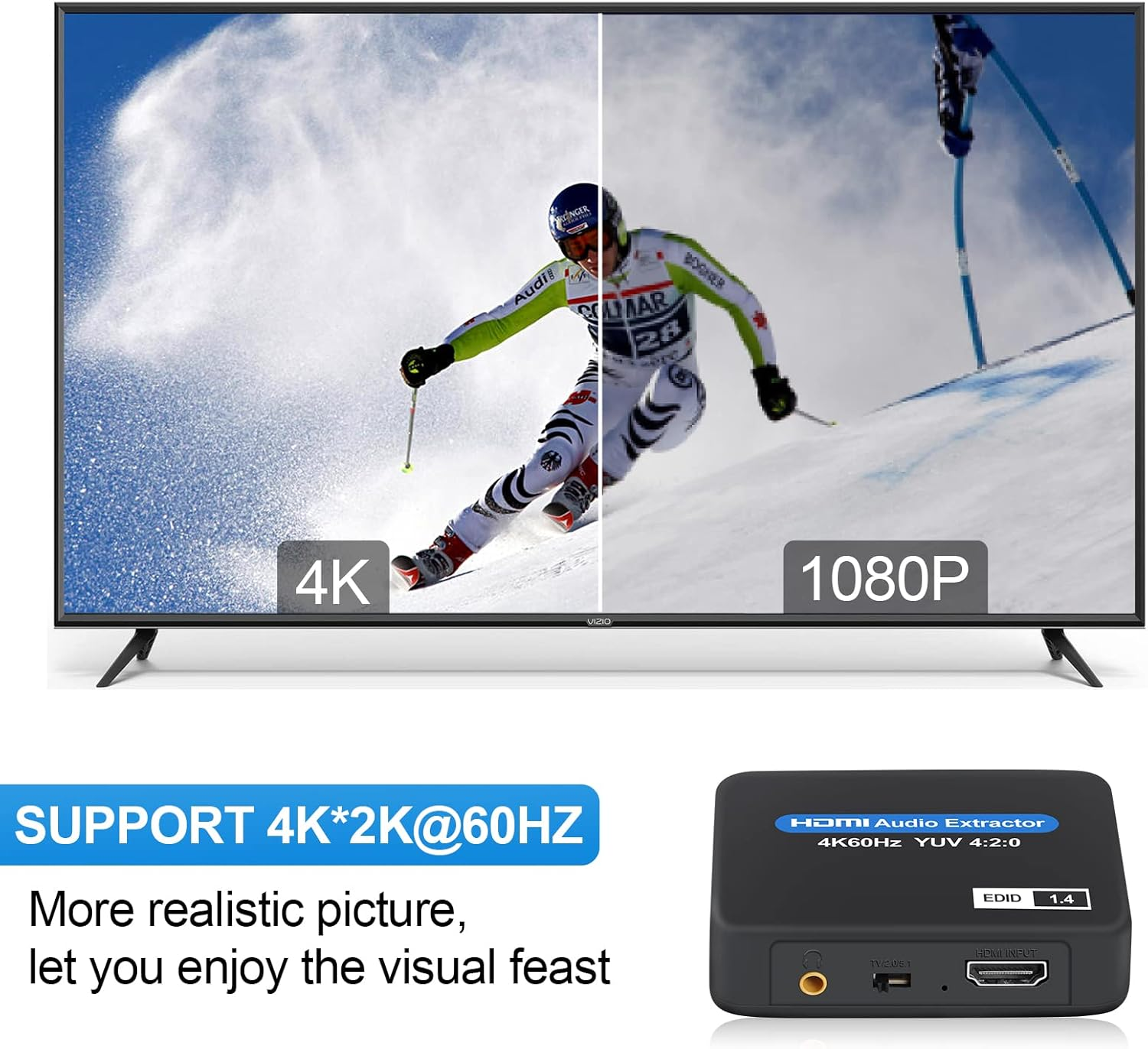 Ein geteilter Bildschirm eines Fernsehers, der 4K vs. 1080P zeigt. Darunter steht eine Box mit 'HDMI Audio Extractor'. Weißer Hintergrund.