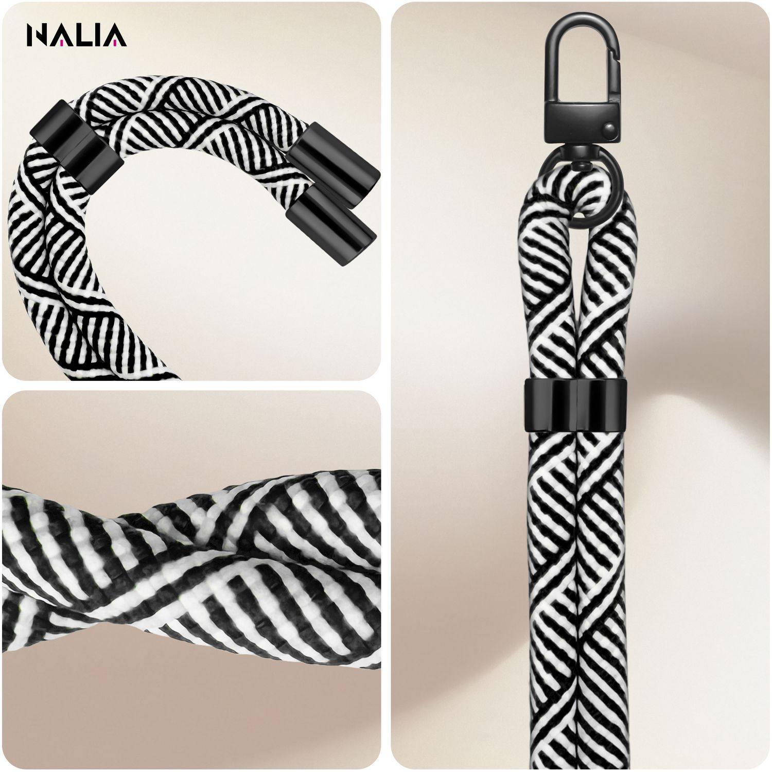 Nahaufnahme eines Handygurts. Schwarz-weiß geflochtenes Design mit schwarzer Hardware.