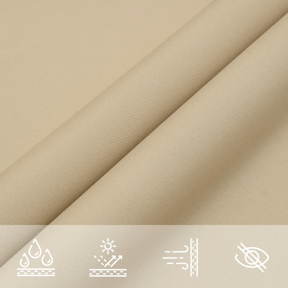 Beige Stoff Nahaufnahme mit drei Symbolen: Wassertropfen, Sonne und Luftstrom.