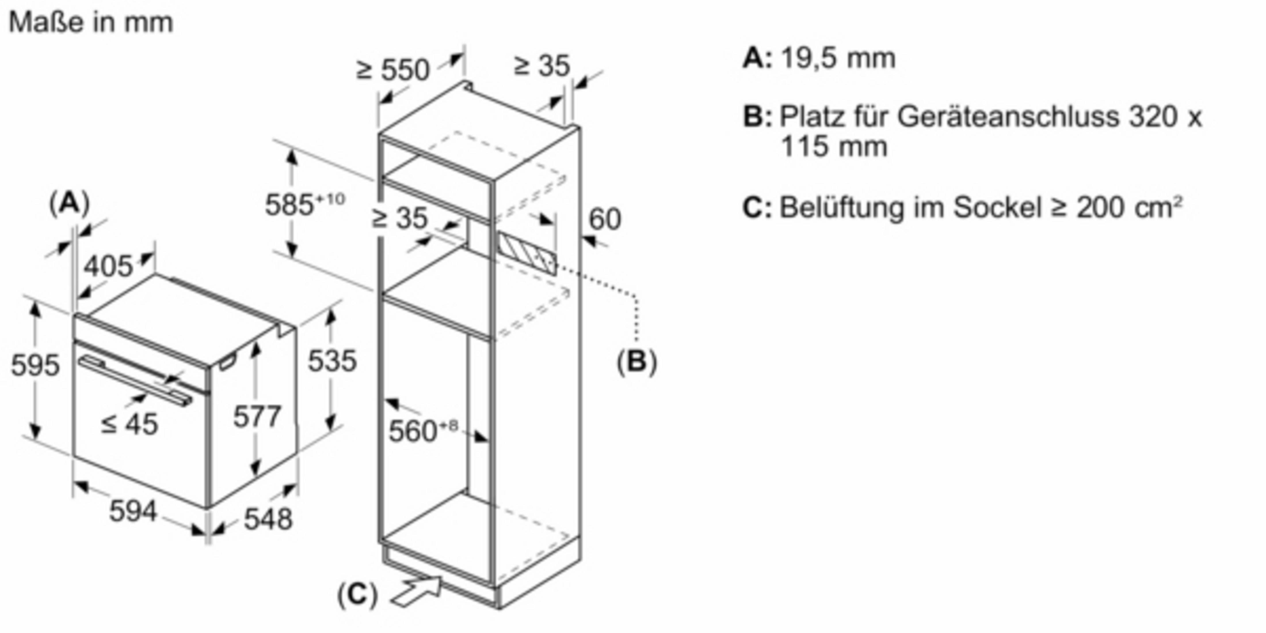 Technische Zeichnung eines Einbauofens mit Abmessungen in mm. Enthält einen Schrank und einen Ofen.