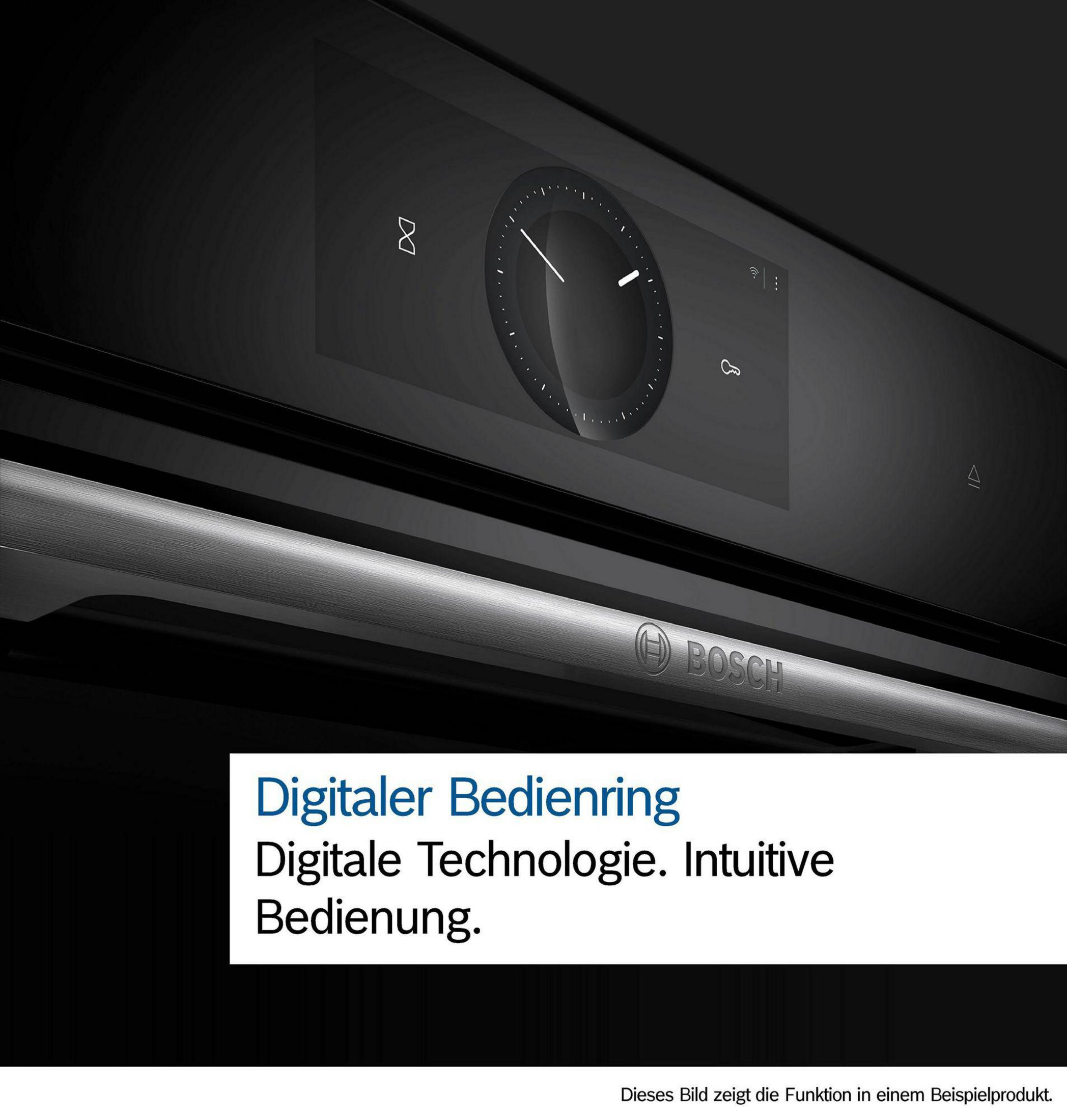 Schwarzer Ofen, Digitalanzeige mit Zeit, Bosch-Logo, Text: Digitaler Bedienring.