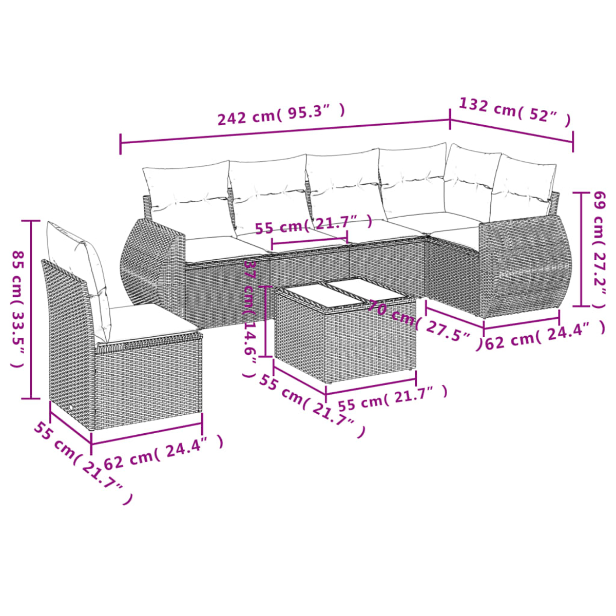 Set di mobili da esterno in vimini con divano, sedia e tavolo. Sono indicate le dimensioni di ogni pezzo, comprese le misure.