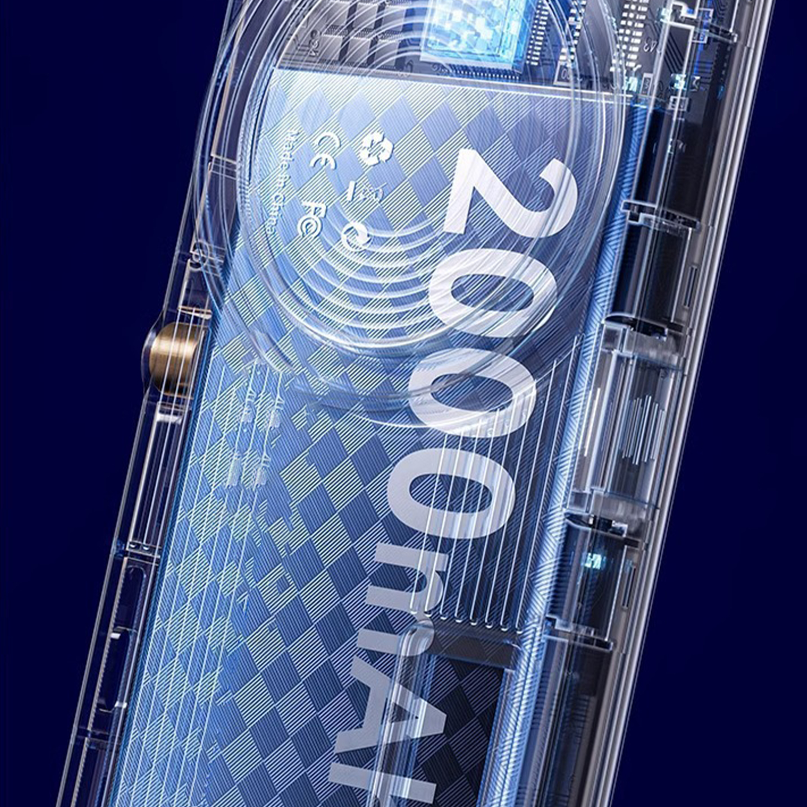 Transparente Handyhülle mit Telefon darin, mit Text '2000 mAh' und gezeigten internen Telefonkomponenten.