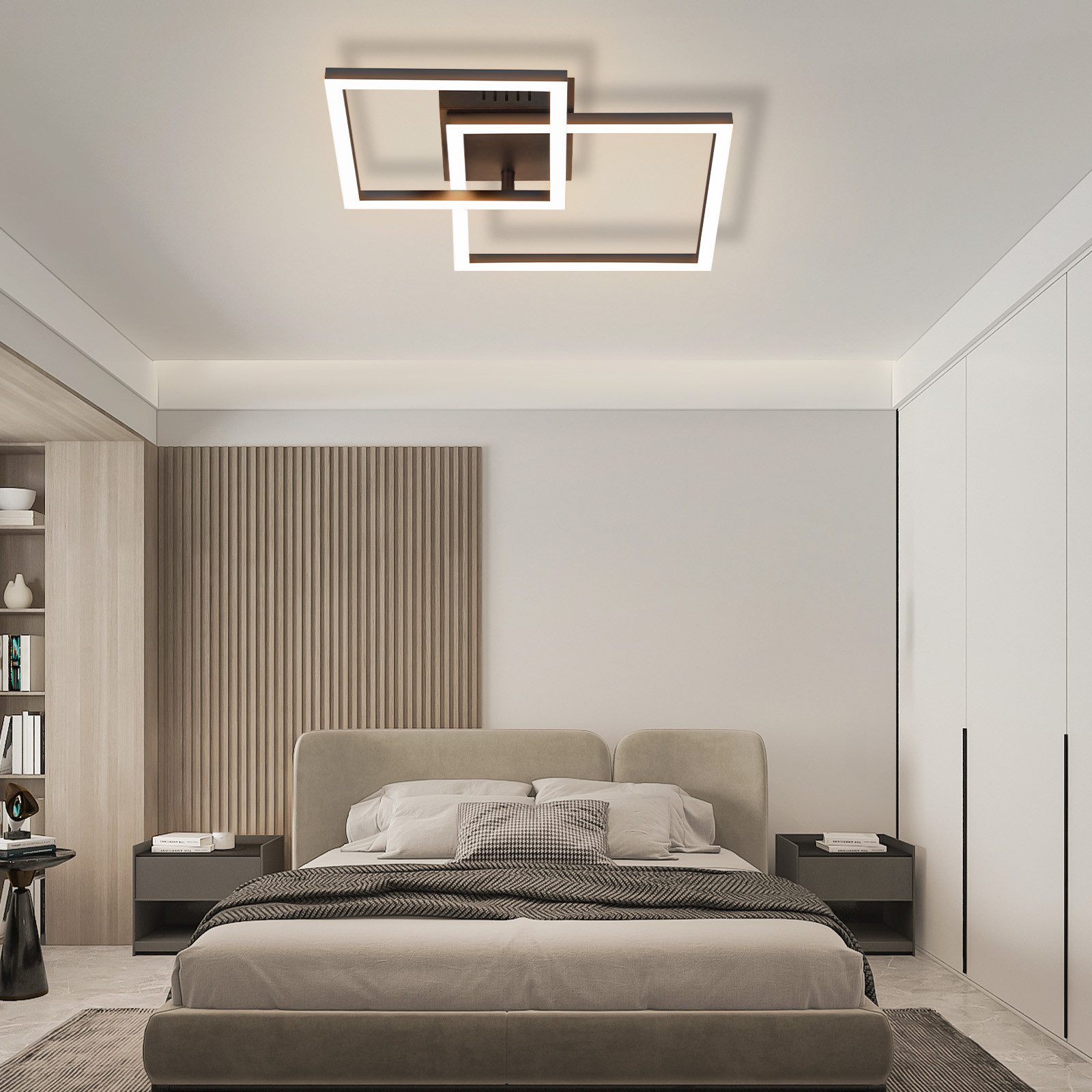 Una camera da letto con letto, comodini e una moderna lampada da soffitto con forme rettangolari.