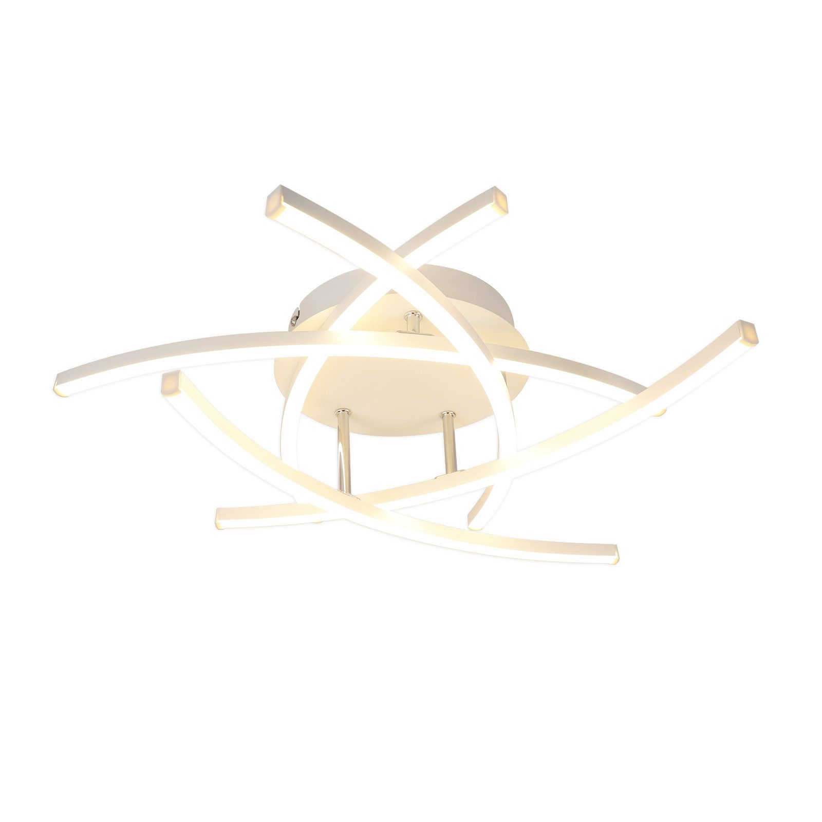 Lampada da soffitto bianca con barre luminose curve. La lampada è montata su sfondo bianco.