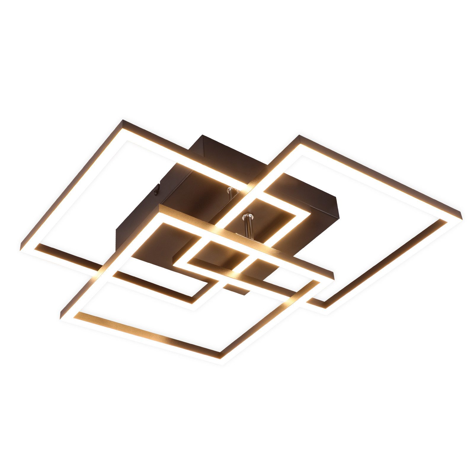 Lampada da soffitto moderna composta da quadrati bianchi illuminati intersecati. Sfondo bianco, cornice nera.