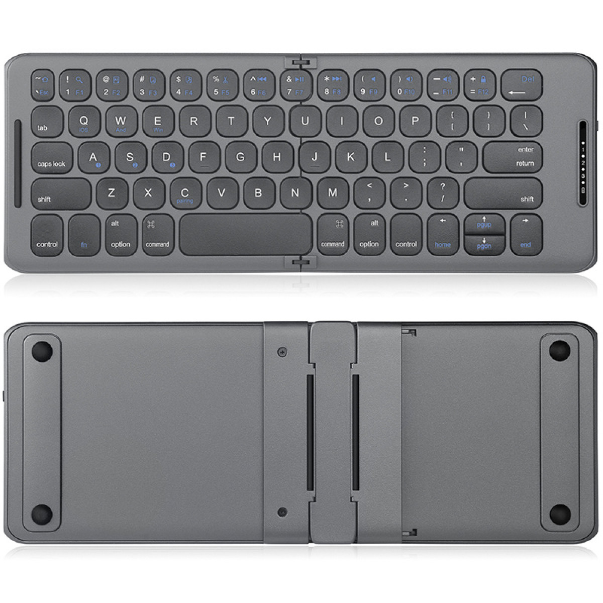 Faltbare graue Tastatur, Ober- und Unteransicht. Tasten sind schwarz. Die Unterseite hat kleine runde Pads.