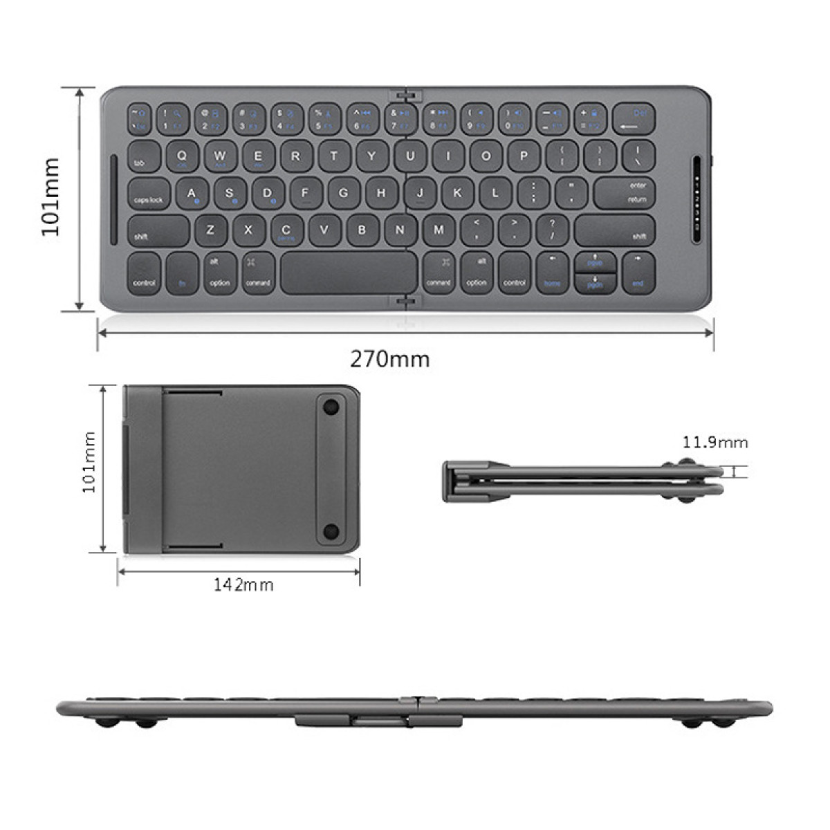 Faltbare graue Tastatur mit angezeigten Abmessungen. Draufsicht und Seitenansicht sind dargestellt.