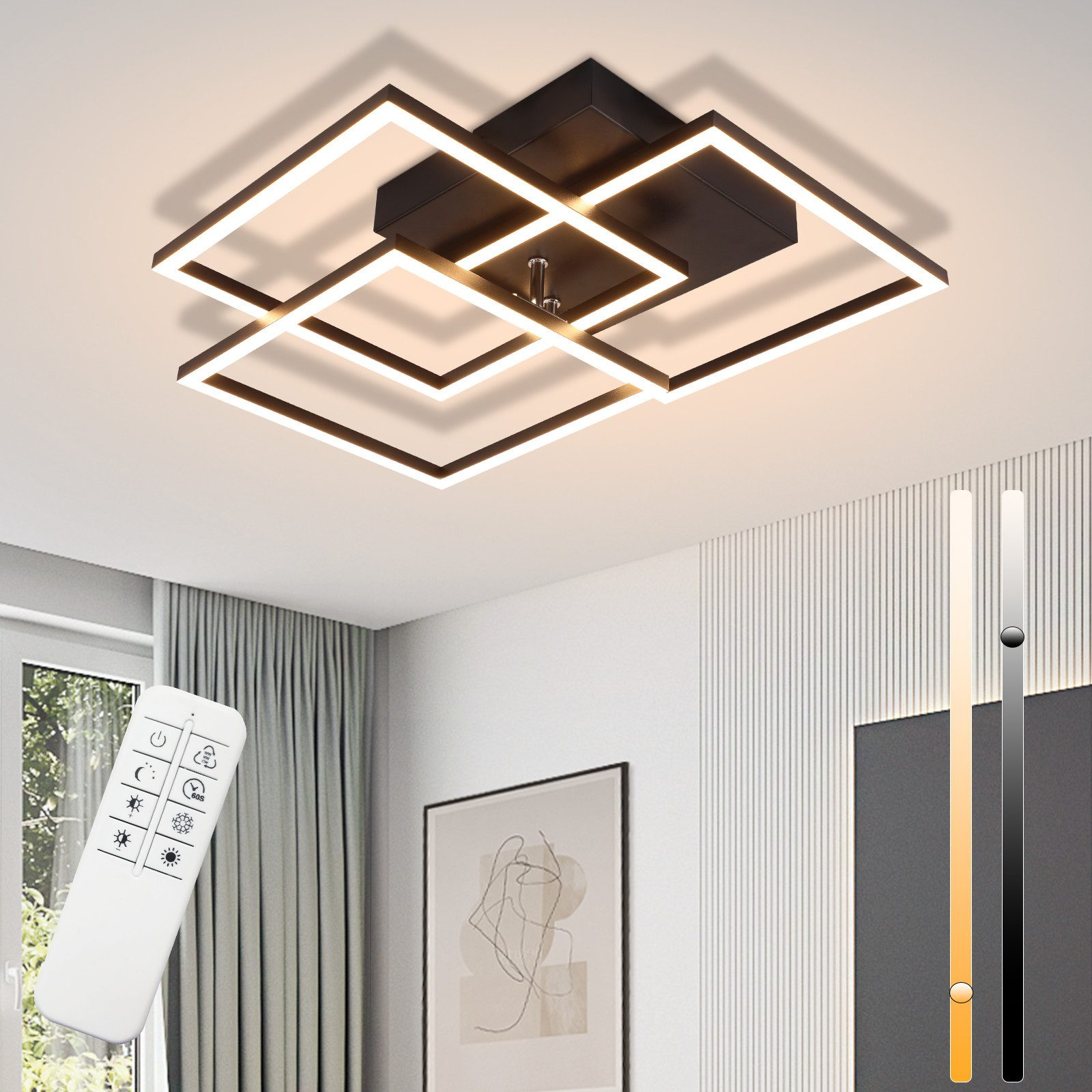 Lampada da soffitto moderna con telai quadrati. Telecomando, opzioni di regolazione.