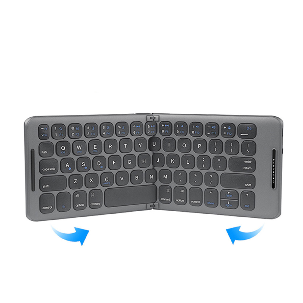 Faltbare graue Tastatur mit weißen Tasten und blauen Pfeilen, die die Faltrichtungen anzeigen.