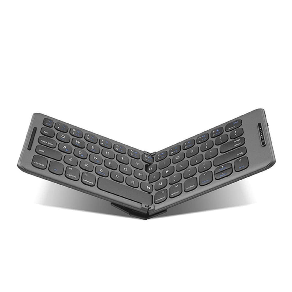 Eine graue, zusammenklappbare Tastatur, V-förmig geöffnet, Tasten sichtbar.
