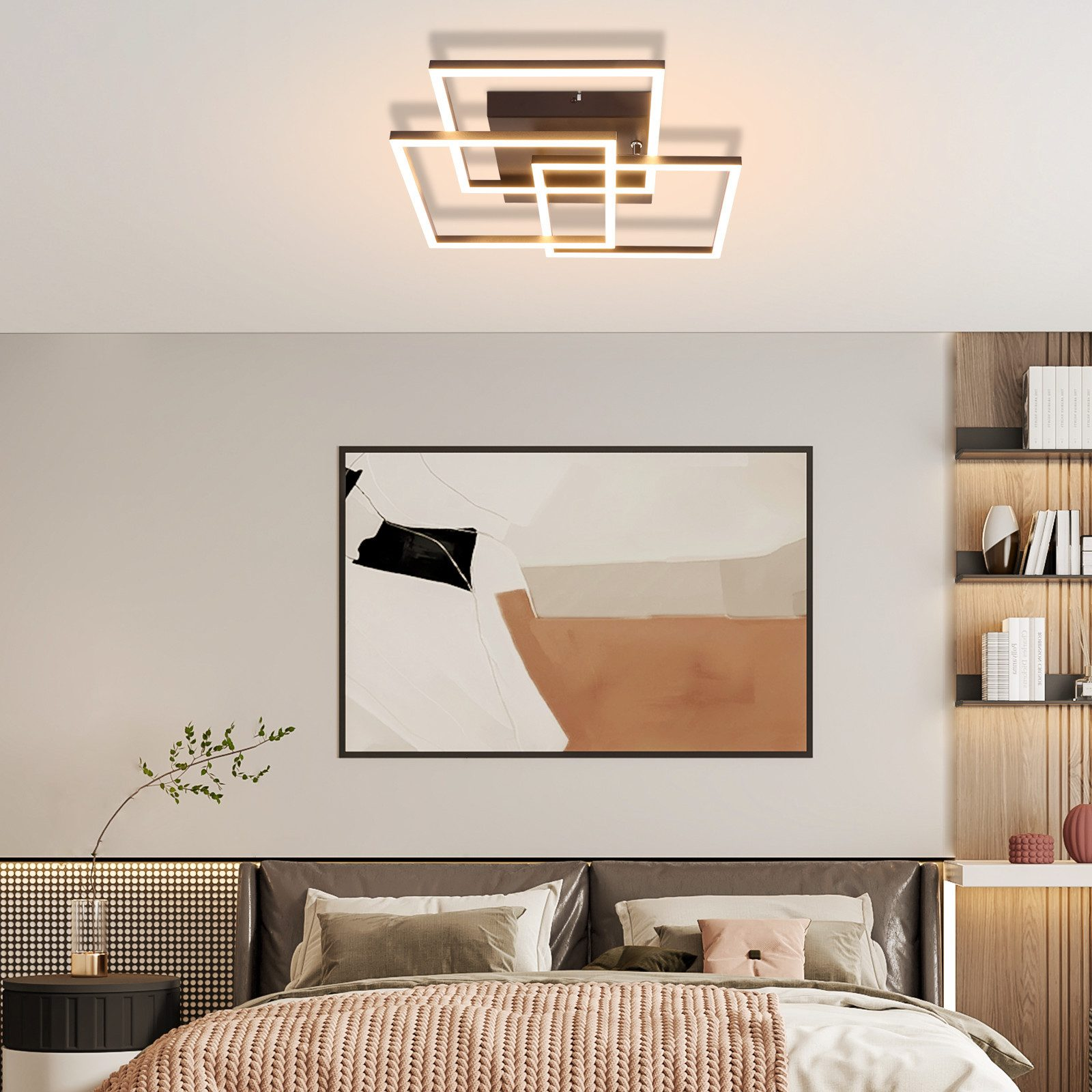 Una camera da letto moderna con lampada geometrica, arte astratta e letto.