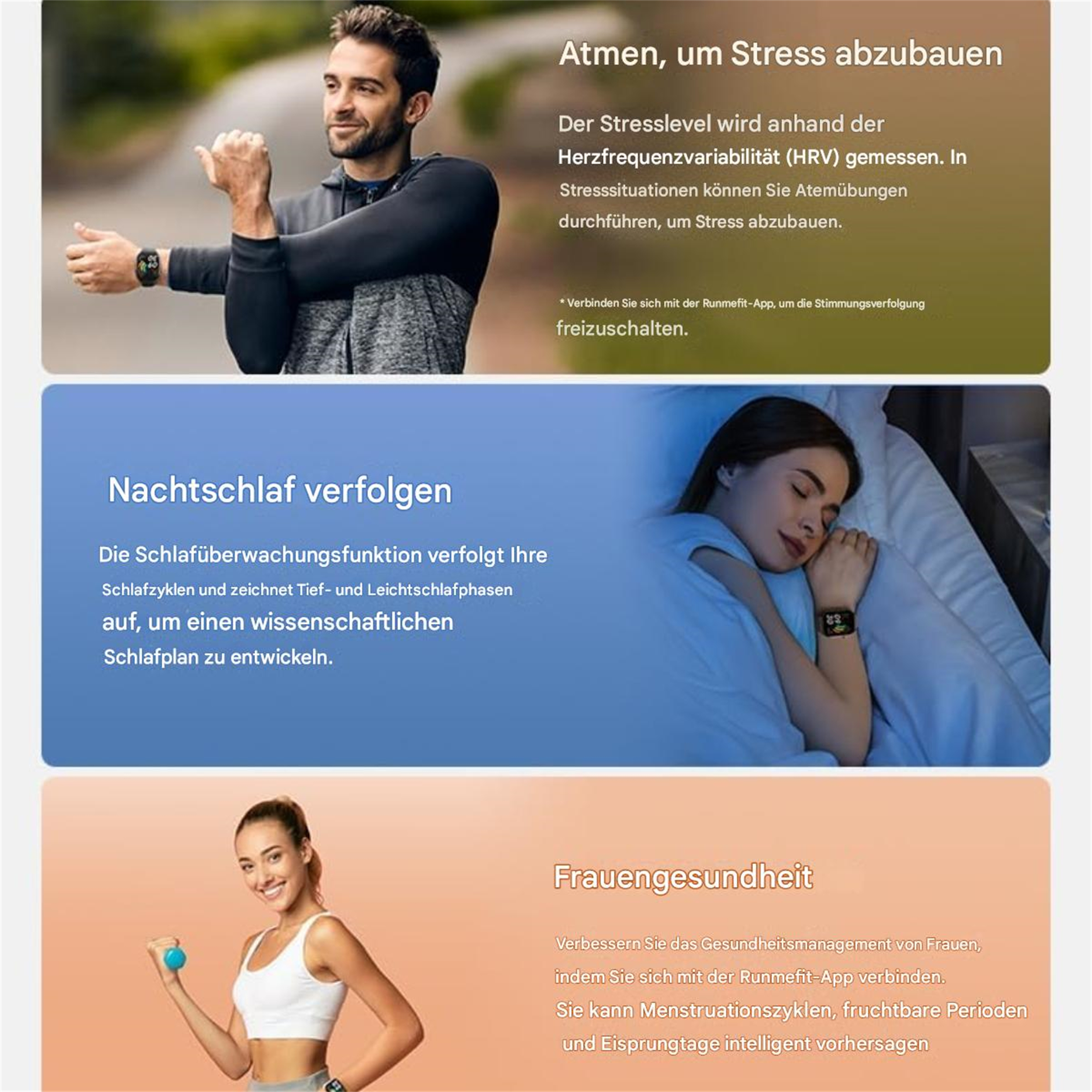 Infografik mit einem Mann, der sich dehnt, einer Frau, die mit einer Uhr schläft, und einer Frau, die ein Gewicht hält.